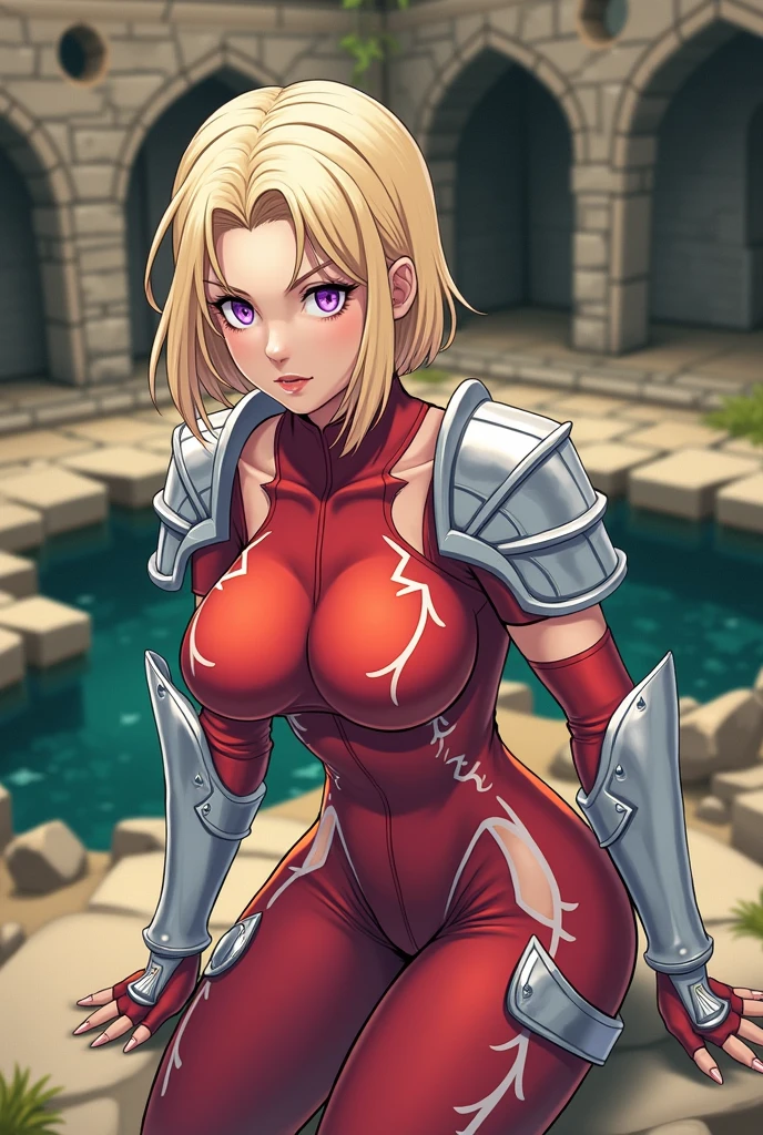 21thshirow, solo, 1girl, looking at viewer, big breasts, blonde hair, detailed face, outdoors, skimpy amazon clothes,