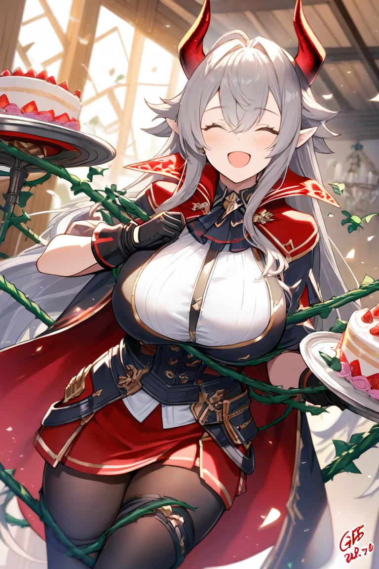 masterpiece, best quality,, GBFthalatha, black gloves, black thighhighs, cape, draph, grey hair, horns, large breasts, long hair, pointy ears, miniskirt, red bra, indoor, cake, happy, closed eyes