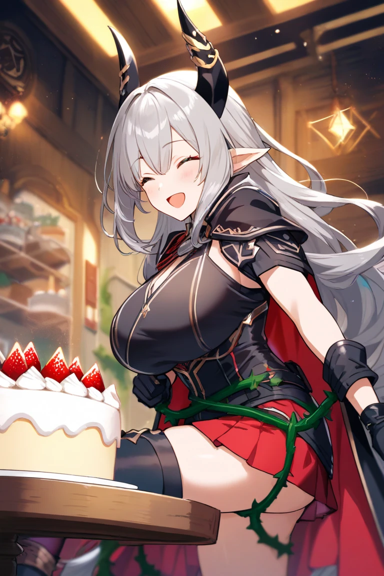 masterpiece, highest quality,, GBF, Black gloves, Black knee socks, Cape, draft, Grey Hair, horn, Big Breasts, Long Hair, Pointed Ears, mini skirt, Red Skirt,, indoor, cake, Happy, close your eyes