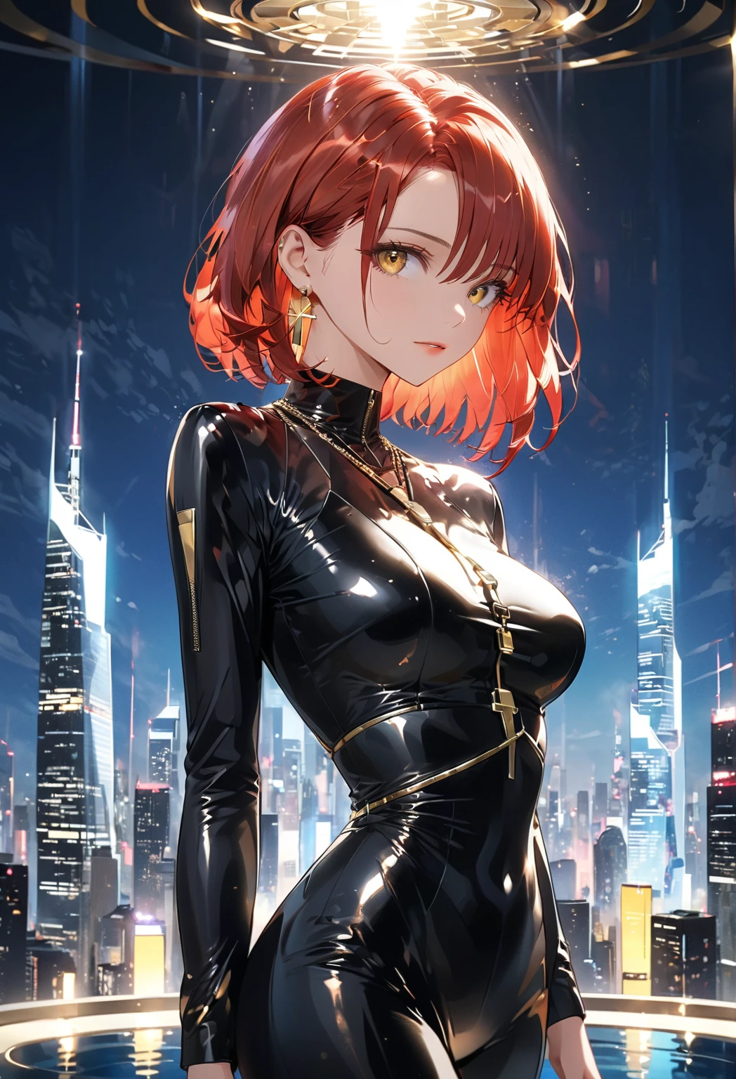 (masterpiece, best quality, ultra detailed, beautiful illustration), (oil painting:1.4), atmospheric perspective, (urban atmosphere, elaborate atmosphere:1.4), depth of field, looking at viewer, beautiful detailed eyes, 1girl, (portrait, close-up:1.1), sexy pose, dynamic angle, mature woman, angry, (huge breasts), (outdoors:1.5, busy tokyo street:1.5, nighttime:1.5), <lora:pkmnmars-nvwls-v1:1>, pkmnMars, black and white dress, long sleeves, black pantyhose