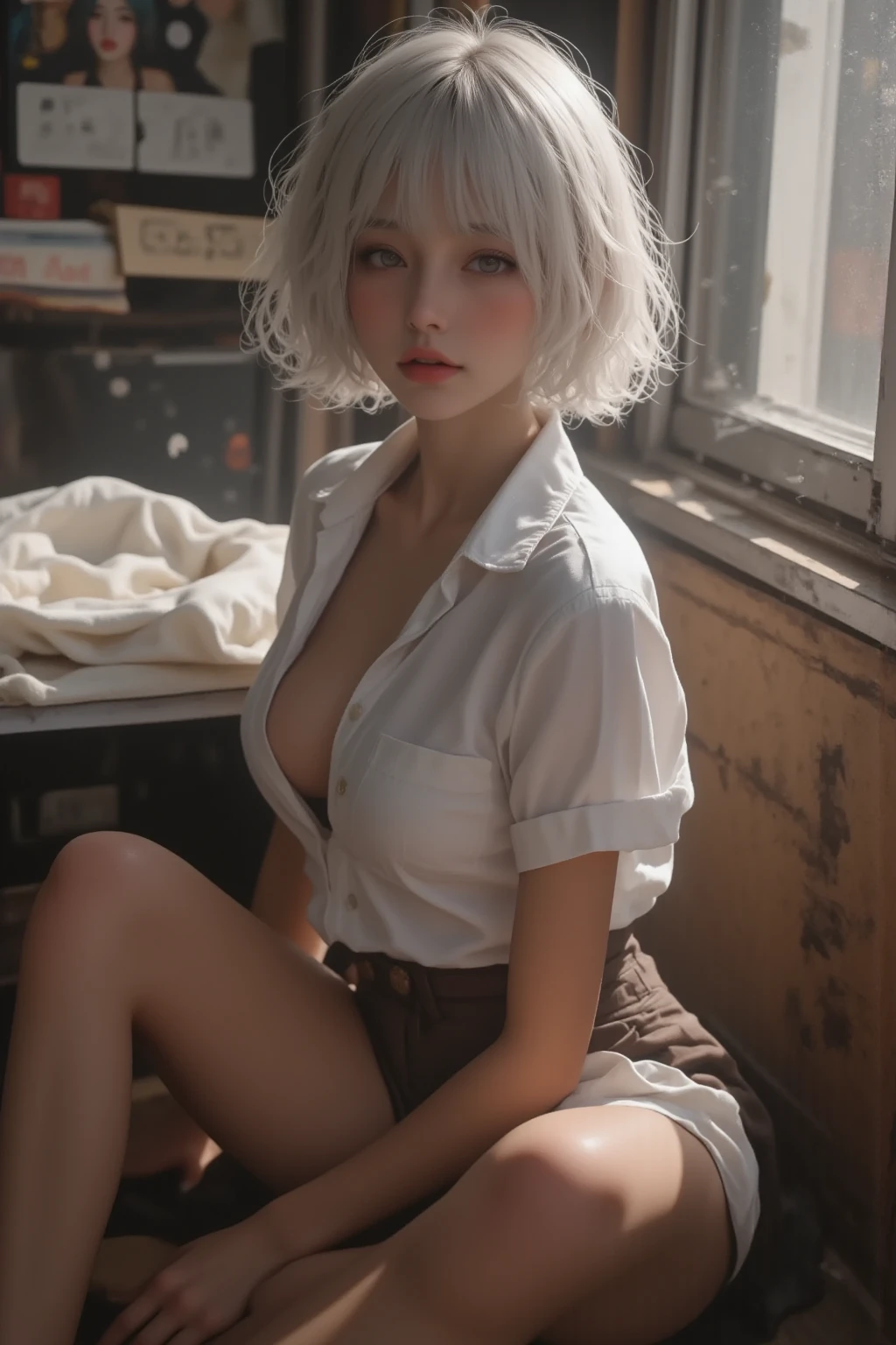 masutepiece,Best quality,Ultra detail, Perfect details,Fine face,Fine hands,Excellent hand structure,A high resolution,8K,Cinematic light and shadow,Perfect dynamic composition,Hands on the desk,Kneel on your desk,Spread milky on desks,inside a classroom、((stooping forward))、((hand job))、(iquid on the hite liquid on face))、White uniirts、Super short skirt,Transparent clothing,The reveal panties,Wet clothes,Looming revealed,White earing white socks 1.2,Only socks,No shoes,An 18-year-old female from Japan、 Beautiful detailed eyes,Delicate teeth,Expose upper incisors 1.4,Medium short hair,Natural color lips,F cup breasts、Excited smile、Happy expression 1,By bangs,St your tongue 1.3,Sweating profusely1.9,Sweat detail 2,Moist body 3,Peach ssom eyes,Eyes are coned,Flushing,Spread milky white liquid1.8,Large amounts of liquid1.5,