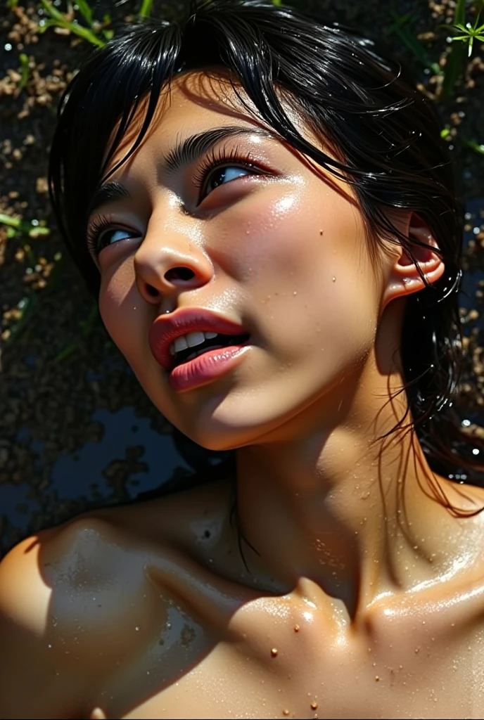 Japanese woman in a dirty place with her bikini top and dirt on her chest. Sad expression, And he was sleeping on the dirty floor, suddenly there was mud from the roof tiles, his body was covered in a lot of mud, and he fell down, he fell in a pile of cow dung