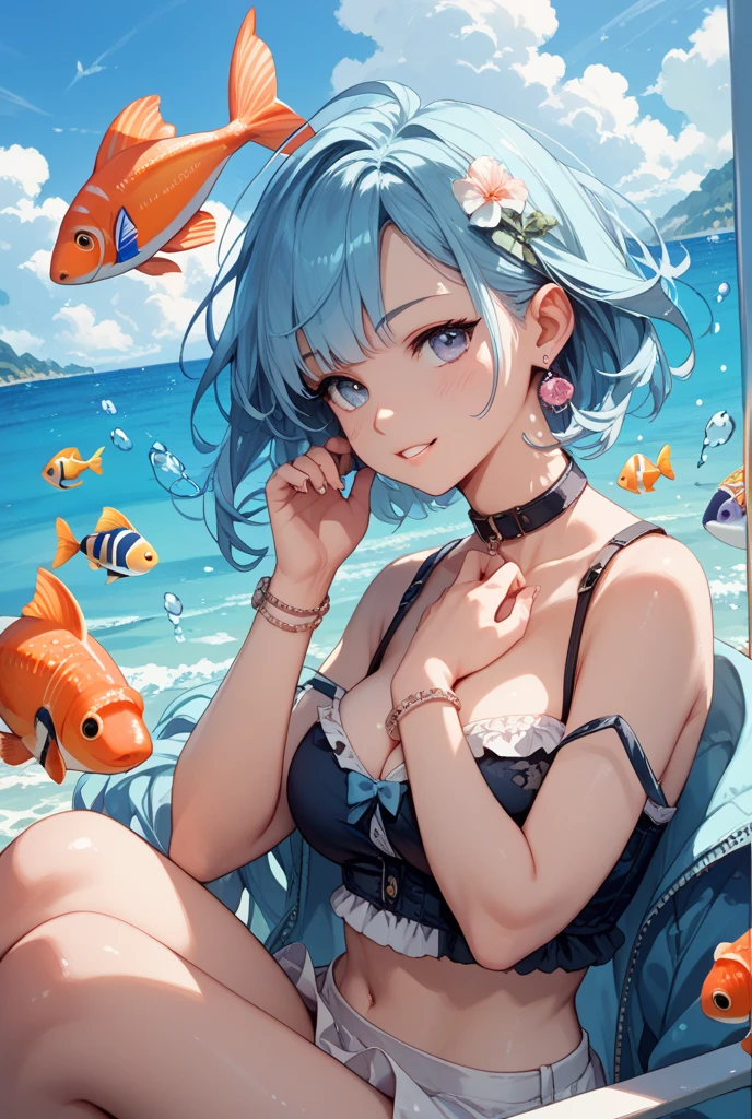 Brilliant coral reefs、Colorful fish、Tropical plants、And surrounded by bright sunlight、Swim in the clear blue water、Woman enjoying a refreshing swim。Illustrated by Akira Yoshida、Extremely realistic detailing
