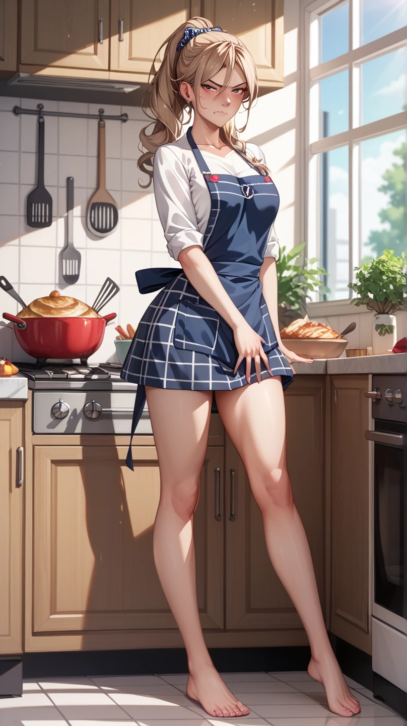 the reaction of someone lacking their coffee, solo, thighs, kitchen, sitting on counter, steam