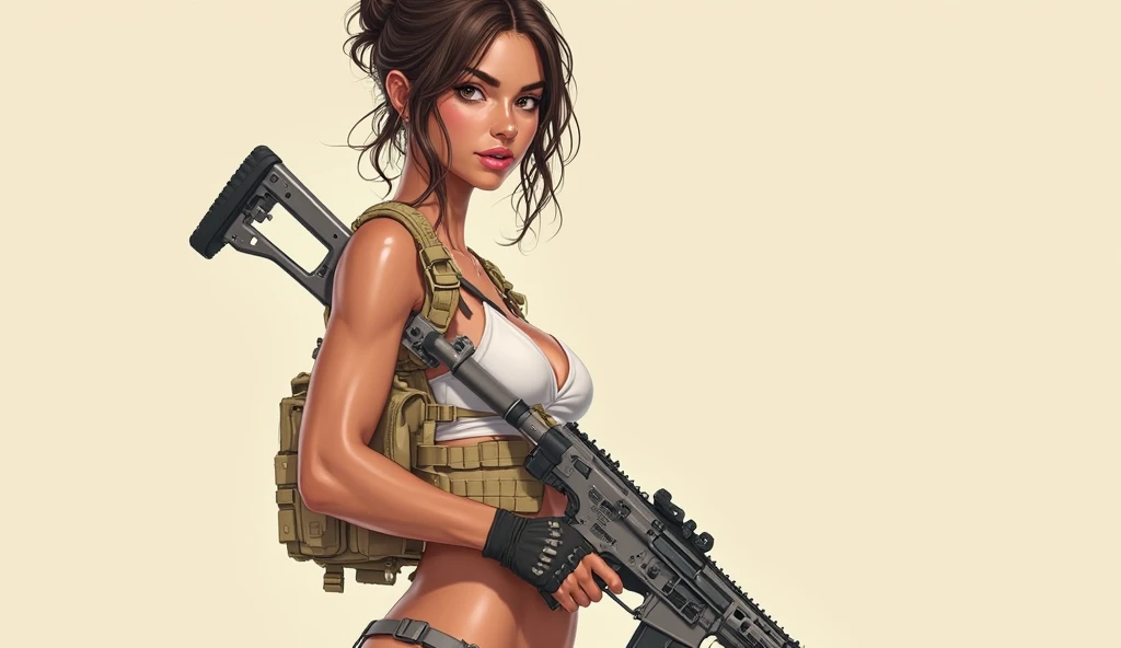 An image of a busty female soldier, adriana lima, brunette hair, gorgeous, (cleavage), camo vest, hotpants, jungle, (detailed skin complexion:1.2), best quality, vivid color, rtx shading effect, ambient occlusion, highly detailed textures