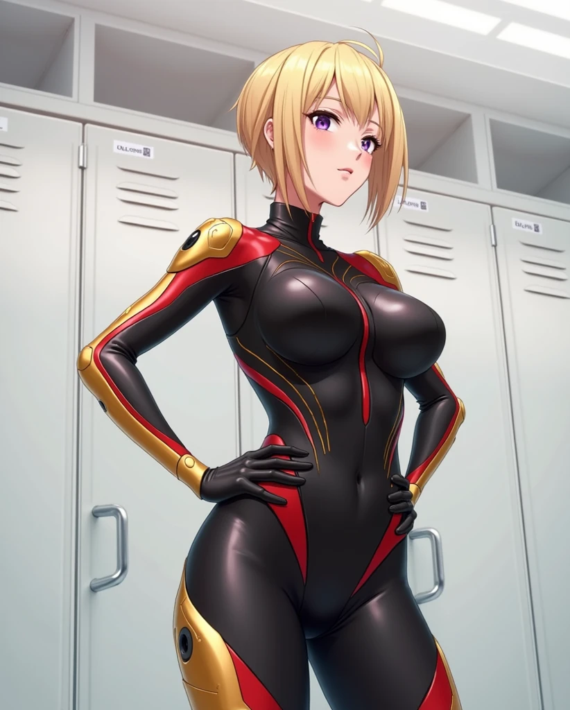 Highest quality, High resolution, And 18, 1 Girl, Android 18, alone, Blonde, blue eyes, short hair,Earrings,Big Breasts, Frowning,Troubled face, Sweat,1 Girl, Black tight suit, Streak,Looking at the audience,pierce'Sticking your butt out to the viewer,Backwards