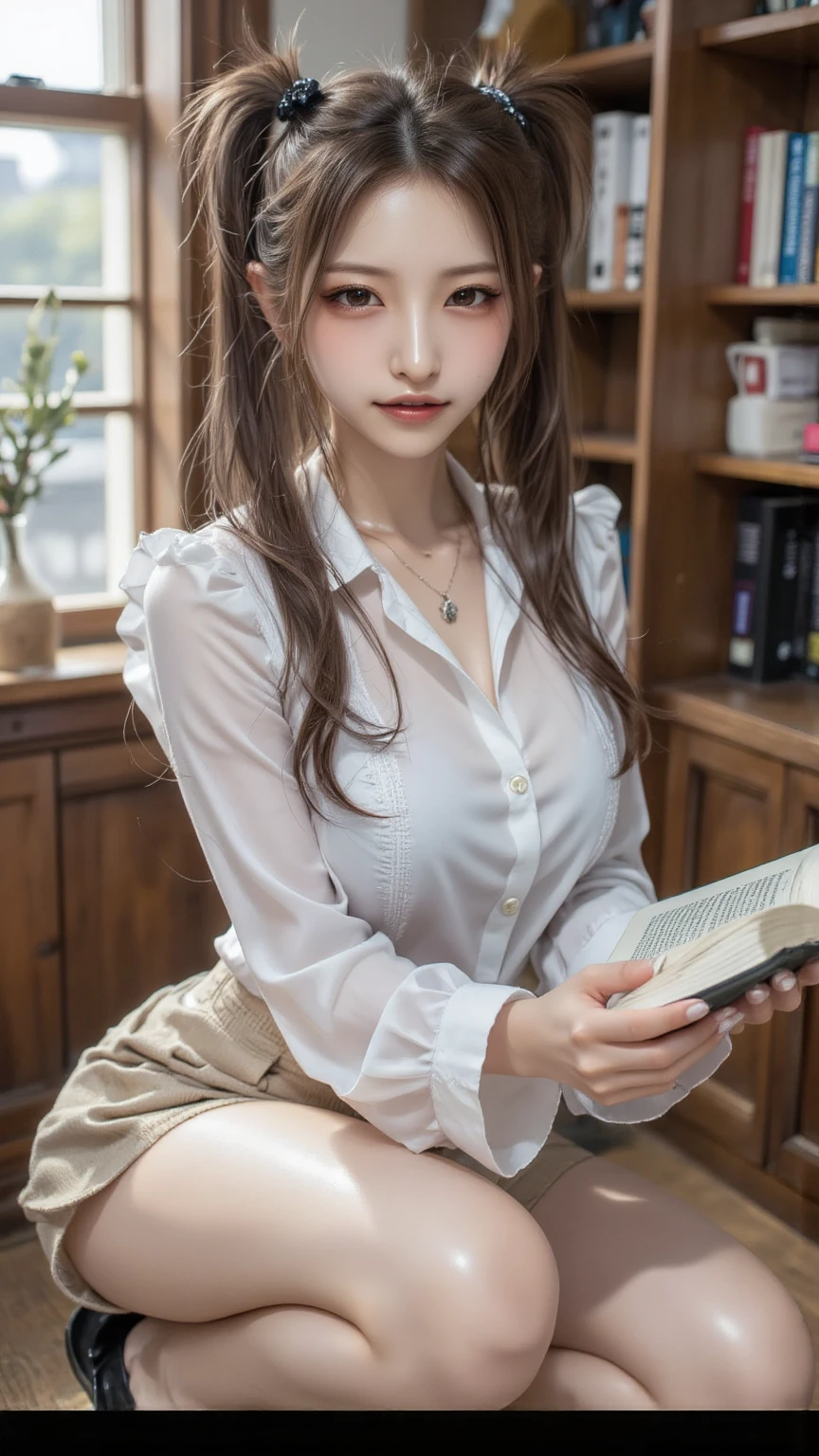 (top quality, masutepiece: 1.1), (Realistic: 1.3), BREAK (((FF7,Tifa_lockhart))),(solo,Tifa:1.2),(boyfriend's clothes:1.3,oversized long white shirt:1.3,long sleeve:1.2,shirt dress:1.3) ,(japan,sibuya,cafe, indoor),(cool pose:1.1),Ultra-detailed face, Detailed eyes,Red eyes, BREAK (((FF7,Tifa_lockhart))),(black brown hair, Large breasts: 1.0), BREAK (no bra),(no panties),About 18 years old,kawaii,shy:1.1,meeting up for a date,waiting,sitting,reading a book,looking away:1.2,looking down,thinking