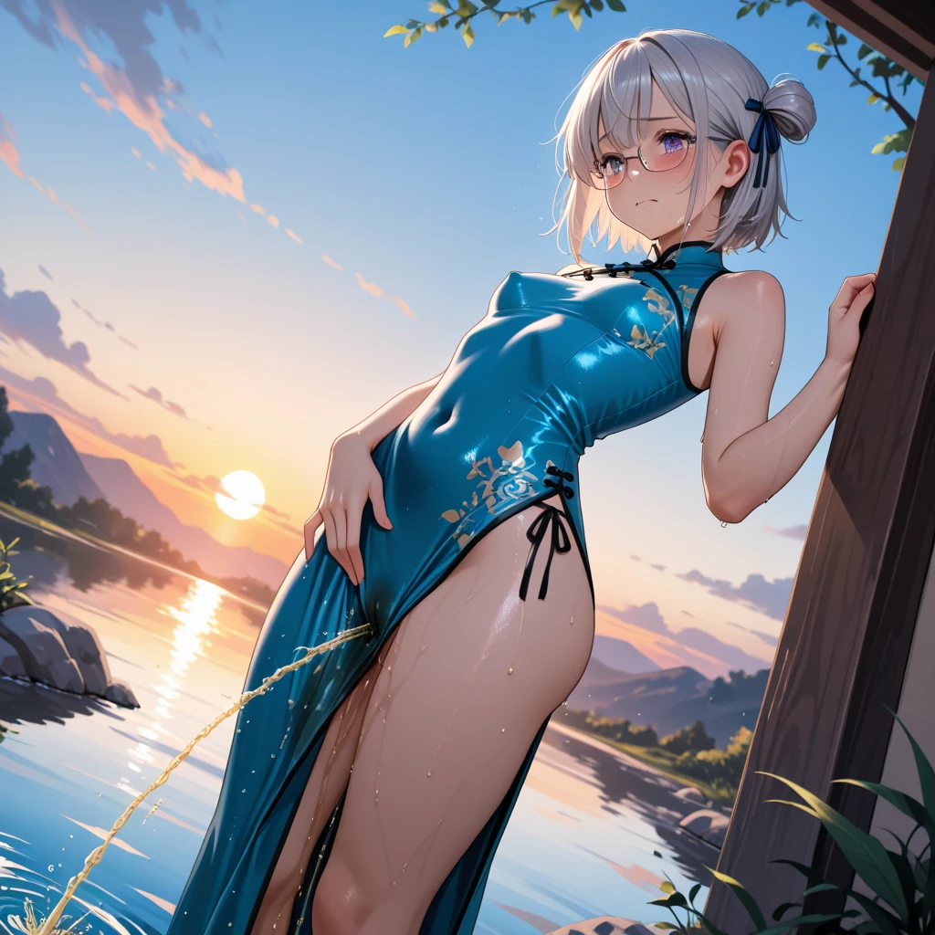 high quality,8K quality,High resolution,(muste piece:1.3),23 year old woman, (white leotard,choker),(brown skin tone,long hair:1.2,wet light blue hair:1.3,big blue eyes),(Bold pose with legs spread,dynamic pose:1.4),(Soak in a warm hot spring，vaporと静けさに囲まれて，Feels good,Enjoy the healing hot springs),(full of sweat:1.3),open-air bath,steam,vapor,background(1 snow scene, sunrise:1.3),(Wet clothes stuck to my skin,Nipples are visible through clothing,My butt is visible through my clothes.),small breasts,slender, abs:1.2,(young skinny gravure idol, sophisticated gravure idol),(detailed perfect face),normal hand,normal finger,normal foot,(cameltoe, camel toe,Mansuji)