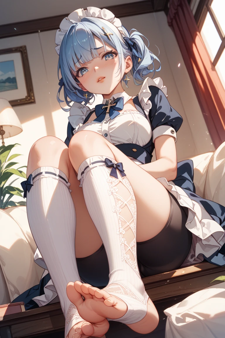 high quality 4K high resolution UHD Retina, cute girl, Blue eyes big eye, Smile showing teeth, bob with bangs, beautiful silk lace Mini Dress, Knee-high Socks loafers, full body shot 35mm
