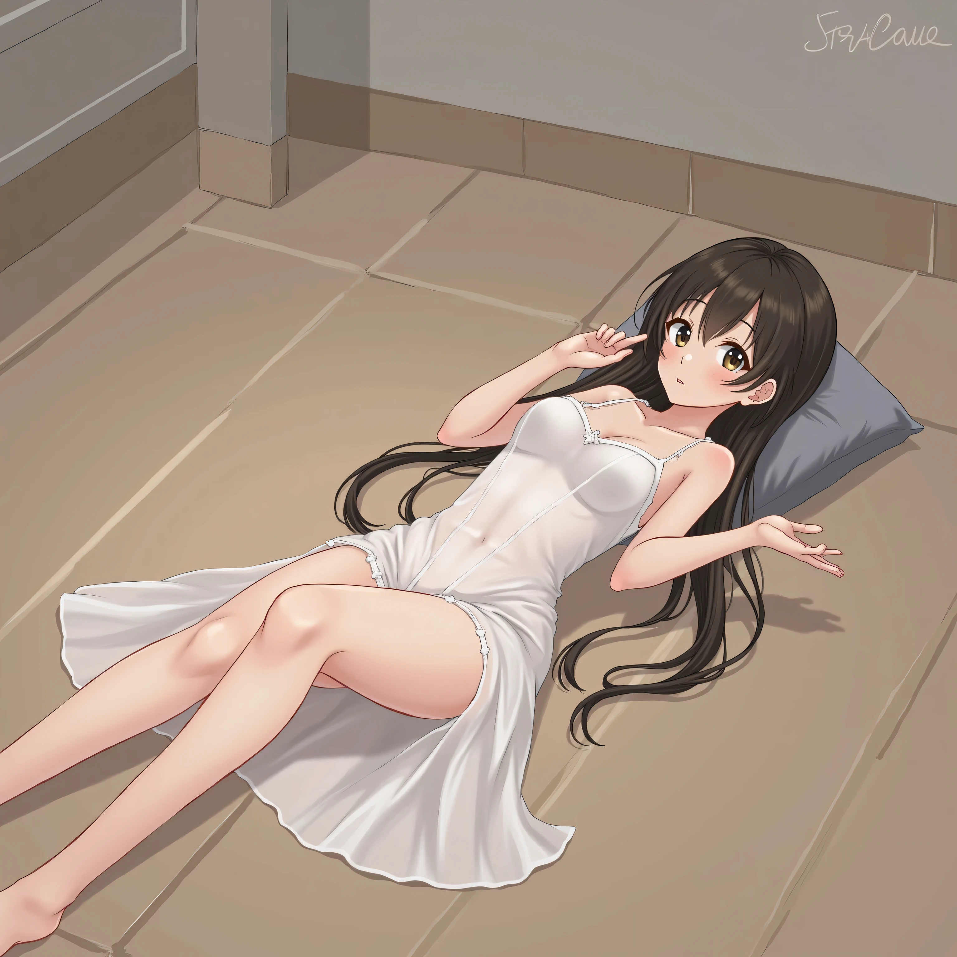 (masterpiece, Highest Quality:1.2), Real Live Action、、floor、Beautiful middle school girl、bust size B-78 cup small chest、smooth and soft skin、white transparent camisole underwear only、 lie on your back、Spread your legs wide、Legs Wide、No Panties、full body image、Normal body