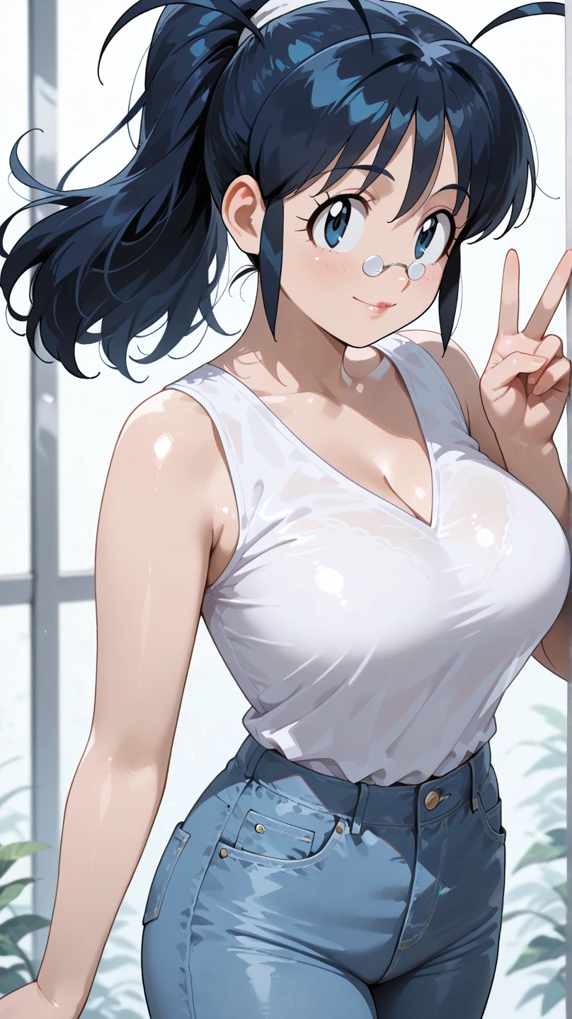 1 hot girl, dark hair, dark grey eyes, grin, gorgeous, kirigaya suguha, short bob hair, hairclip, oversize t-shirt, huge breasts, hands behind head, armpits, covered erect nipples