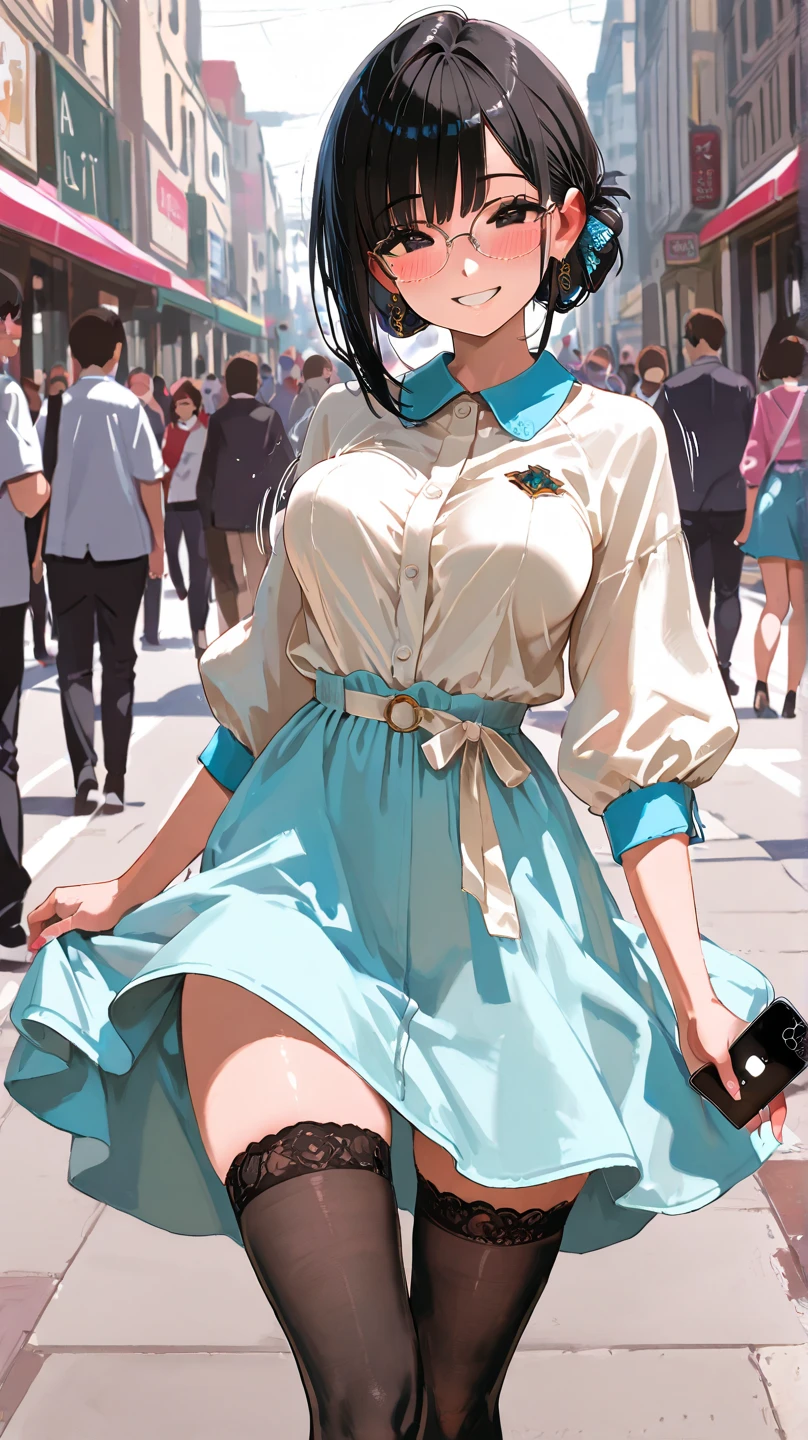 masterpiece, 8k, street snap shot, A lot of people, bob hairstyle, black hair, medium breasts, bouncing breasts, spring outfit, medium long skirt, exposed legs, black thighhigh, blush, smile, grin, glasses, (mole under the eye:1.0), holding a mini pochette, looking at viewer, (walk on street), sexual climax, iPhone,