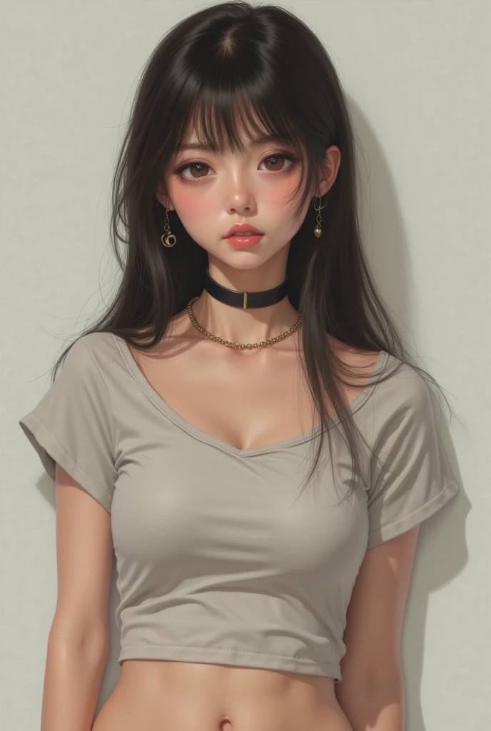 1girl,Seul,Cheveux longs,petite,maigre, c'est le plat,regardant le spectateur,cheveux bruns, cheveux noirs,nombril,,petits seins,collier,lèvres,anneau,t-shirt,jeans,réaliste