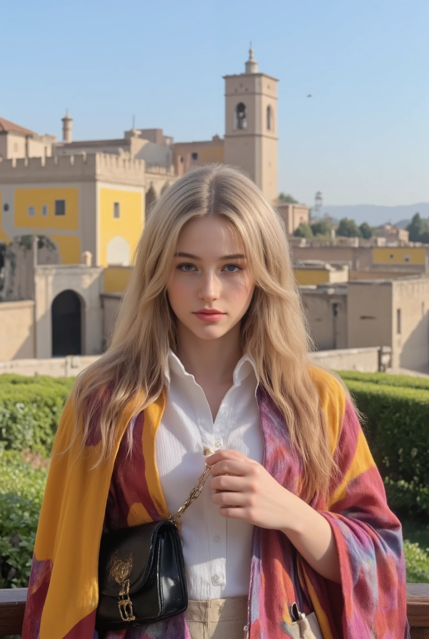Beautiful Blonde Girl In High Definition Images、the brightly colored Alhambra Castle、 Magnificent、 There are enough castle ruins、 to drive you in awe、 A castle that rises slightly on a hill。