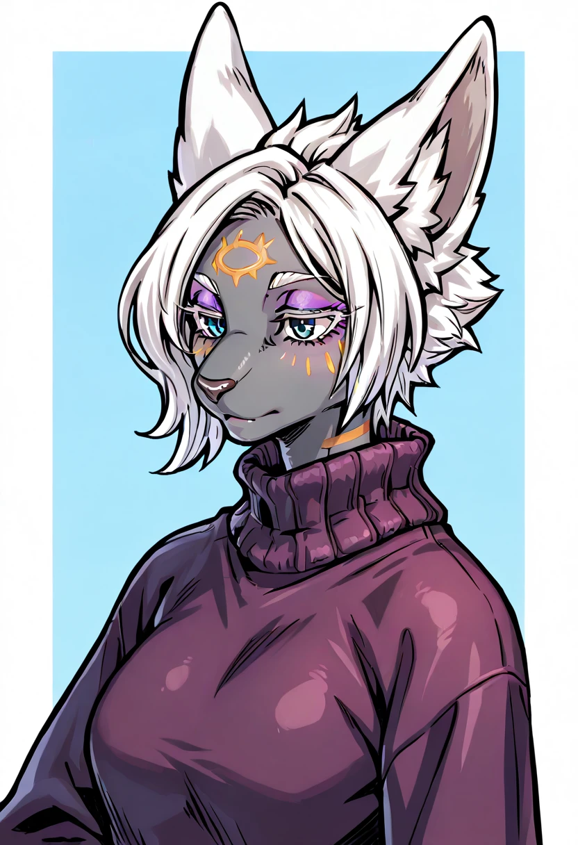 Toyamarus, 1girl, solo, portrait, sweater, pointy ears, long sleeves, 
furry female, animal ears, animal nose, white hair, short hair, blue eyes, grey fur, facial mark, purple eyeshadow, 
masterpiece, best quality,  urenim