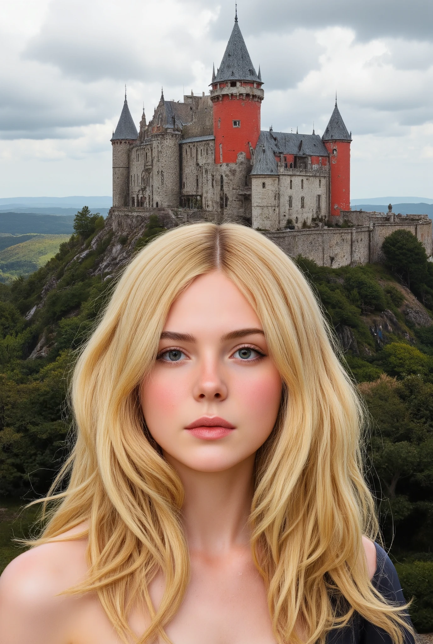Beautiful Blonde Girl In High Definition Images、the brightly colored King Arthur's Camelot Castle、Magnificent、There are enough castle ruins、to drive you in awe、A castle that rises slightly on a hill。