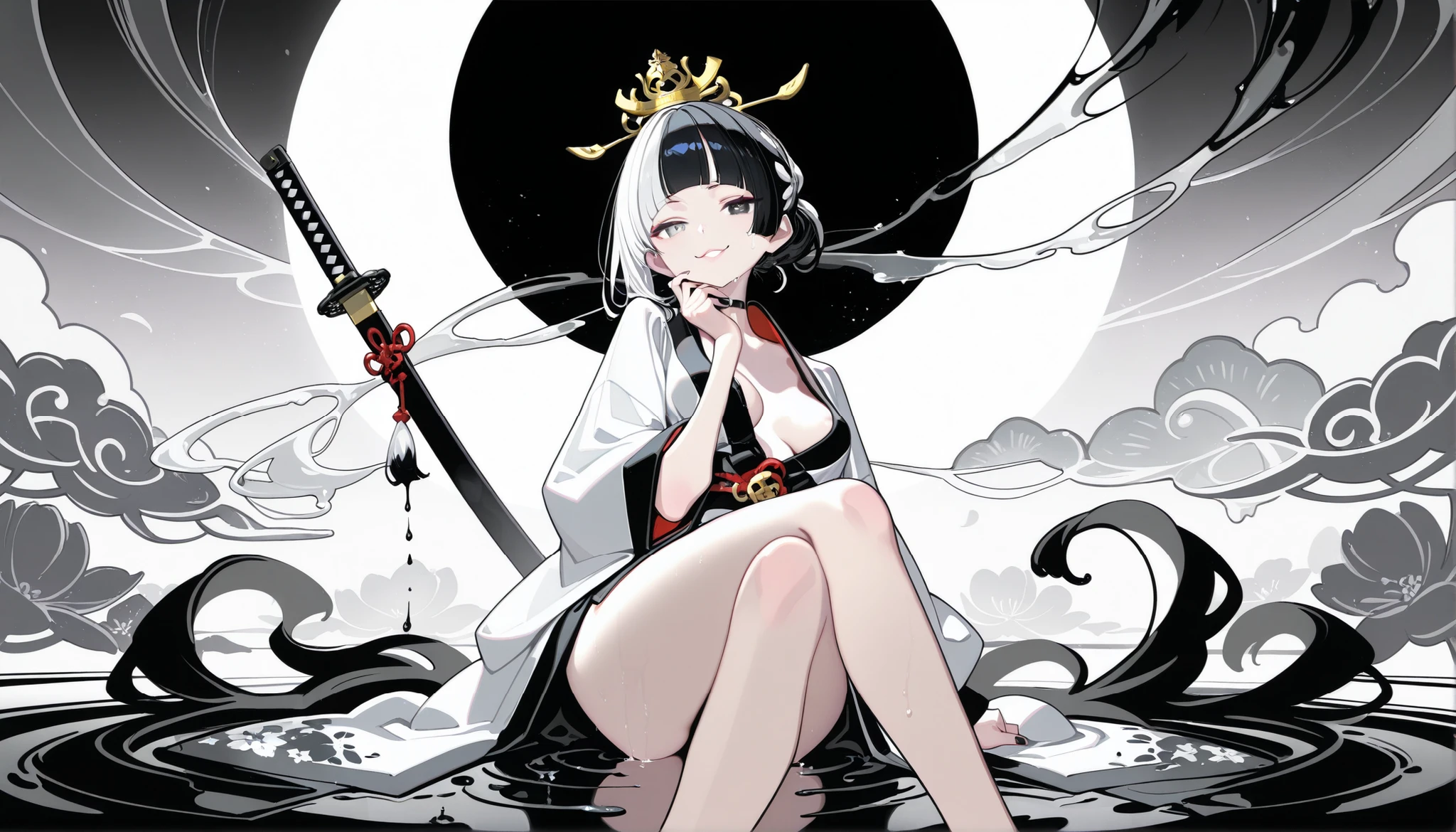 1girl, light lavender eye, jitome (0.5), Asymmetrical hair (half black hair and half white hair), blunt bangs, hime cut, ponytail, Medium Breast, queen, melting black haori, white kimono, flower pettern, Choker, black nail polish, doremi, hwansang, mx2j, masterpiece, best quality, Perfect details, perfect composition, Perfect face, Perfect hand, absurdres, newest, very aesthetic, amazing quality, highres, film grain, Focus on the character, looking at viewer, flowers, Oriental decoration, dynamic view, cute expression, void, wet, water, floating, grabbing, rotus, thin thread, Acrobatics, water string, dramatic, oriental light crown, nsfw, smug face, Gambler, Cinematic, Magnificent, front view, joyful, madness, Dominant, overbearing attitude, arrogant, Sitting on string, floating in air, conduct Gestures, floating gold glow arrow, floating gold glow katana, Gorgeous light effects, Sitting cross-legged, Hand-on chin pose, Scattered liquid black ink, black ink effect, black dust, Realistic black liquid ink effects surrounding the character, floating Black ink effect swirling around the character, ink painting, Calligraphy, long silk, brush, ukiyo-e, Black and white theme