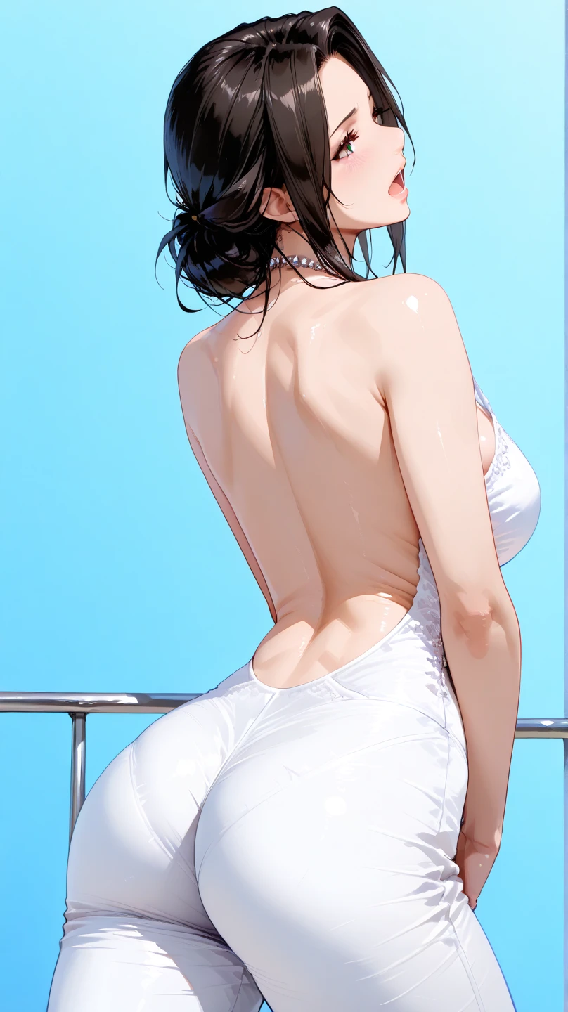 Naked woman, dressed only in an apron, glues wallpaper. She holds a long piece of wallpaper in her hands before sticking it to the wall. view from the back, open butt