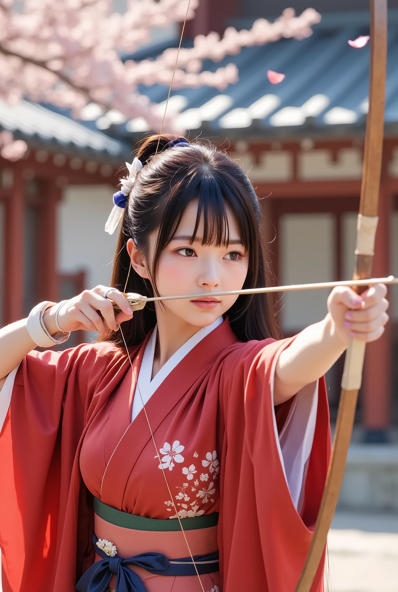 Photorealism, retina, accurate, anatomically correct, masterpiece, textured skin, super detail, best quality, 8k, super detail, extremely precise in every detail, beautiful detailed glow, beautiful attention to detail, beautiful detailed eyes, (one beautiful Japanese woman sets up a long Japanese arrow on a long Japanese bow and aims at a target), archer of Japanese archery, wearing a red "Furisode-Kimono dress" decorated with lots of white cherry blossom pattern, the sleeves are rolled up with white rope, very long black straight pony tail hair, white hair ribbon tied in a bow, red and white arm glove on both arms, a scene from a traditional Japanese coming-of-age ceremony, at a traditional Japanese shrine, a traditional Japanese shrine can be seen in the background, a phot overflowing with winter sunshine, Plum Petal Storm, Realistic traditional Japanese bow and arrow, Realistic string tension