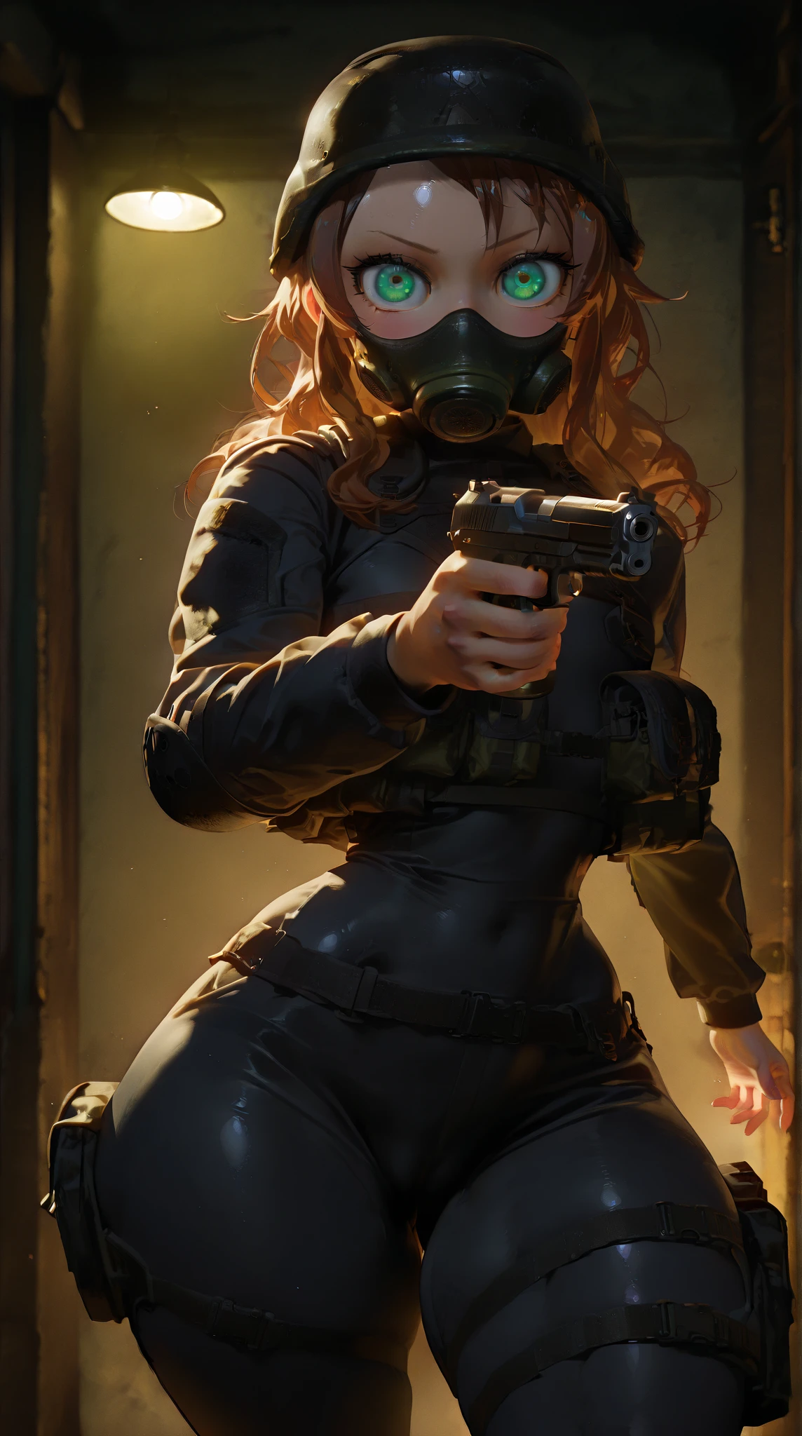 ExpressiveH, 1girl, Saikawa_Riko, green_eyes, brown_hair, long_hair, flat_chest, , hunkRE , tactical gear , military, glowing eyes, night time, low ilumination, dim lighting, , dark basement, horror style , extreme detailed., small breast , Huge ass,  , wide hips, narrow waist, thick thighs, big eyes, shiny eyes, long eyelashes. (obra maestra, altamente detallado, la mejor calidad, 8k), standing, . (masterpiece, best quality, vibrant, very aesthetic, high contrast, semrealistic, semirealistic , highly detailed , newest,), holding a pistol, gun, pointing the gun forward, in combat pose, front view