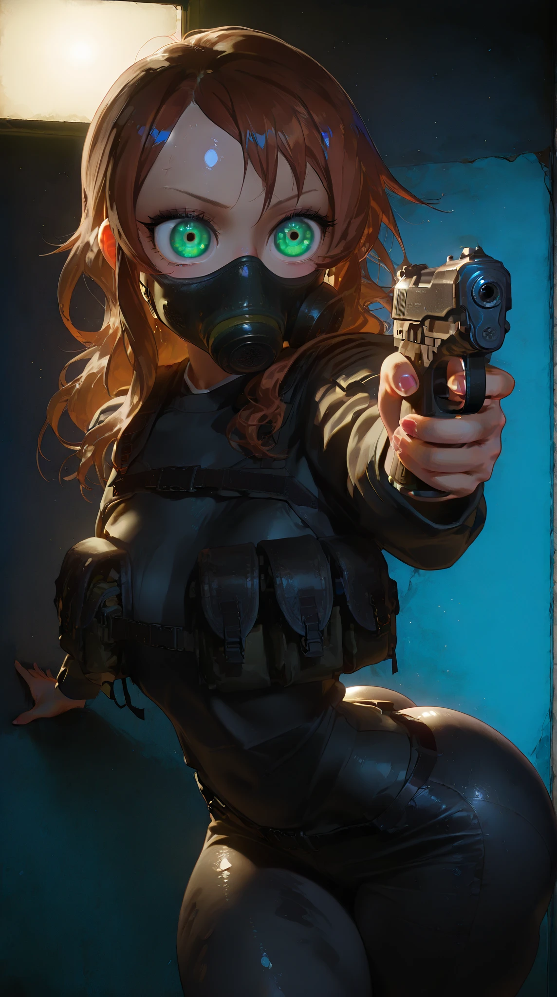ExpressiveH, 1girl, Saikawa_Riko, green_eyes, brown_hair, long_hair, flat_chest, , hunkRE , tactical gear , military, glowing eyes, night time, low ilumination, dim lighting, , dark basement, horror style , extreme detailed., small breast , Huge ass,  , wide hips, narrow waist, thick thighs, big eyes, shiny eyes, long eyelashes. (obra maestra, altamente detallado, la mejor calidad, 8k), standing, . (masterpiece, best quality, vibrant, very aesthetic, high contrast, semrealistic, semirealistic , highly detailed , newest,), holding a pistol, gun, pointing the gun forward, in combat pose, front view