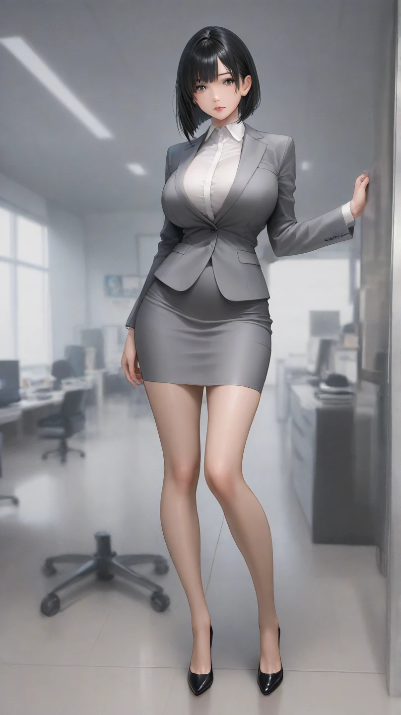 Ultra-high resolution, photograph, 4K, Absurd, (Unbelievable absurdity), ((masterpiece, Highest quality)), (wallpaper), (8k hd), ((whole body picture)), ((gigantic chest)), Tall Girl:1.4, One girl, alone, skirt, pantyhose, Earrings, ID card, jewelry, Brown eyes, whole body, short hair, chest, Are standing, Brown Hair, View your viewers, Arms at your sides, Name tag, High heels, Gray background, shirt, large chest, lips, pencil skirt, blue shirt, Sandals, Black Hair, Slope, office lady, brown pantyhose, smile, hoop Earrings