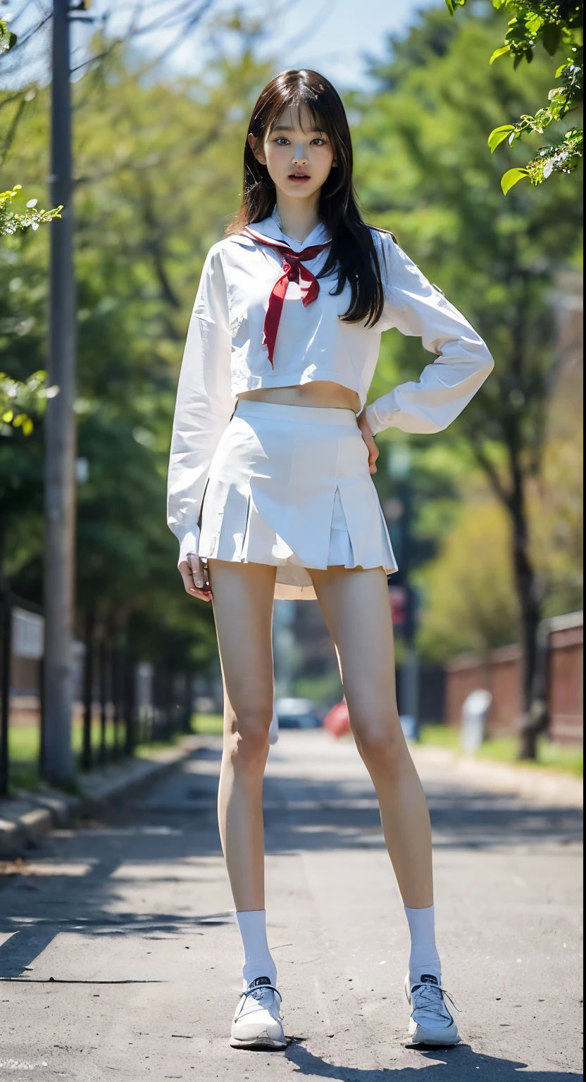 (8k、RAW Photo、Highest Quality、masterpiece:1.3)、(realistic、realistic:1.2)、(((full body shot:1.7)))、((Extremely long legs:1.2))、((Extremely thin legs:1.4))、((Focus on standing straight with your legs aligned:1.5))、Extremely Slim Model Body、((realistically reproduce the texture of the skin:1.6))、(( reproduces the unevenness of the skin in detail down to the smallest detail:1.6))、1 girl on break day、((Extremely short white socks:1.3))、(((black plaid high school student uniform micro mini skirt、high school uniform、high school uniform用の半袖シャツ:1.5、black loafers、 long black hair、 outdoor parks 、view from the front、Look at the camera、stand with your hands on your hips:1.tand with your legs straight and legs aligned with your crotch at least half your height))、((red uniform ribbon:1.2))、cute、tight waist、thin ankles、cute、Beautiful Girls、(((175 cm tall and 40 kg body weight:1.5)))、bright amount of light for a movie shoot、((realistically reproduce the texture of the skin:1.4))、A bright park in the early afternoon、((erect nipples can be clearly seen through every detail:1.3))、20歳のBeautiful Girls、((Extreme exhibitionism))、I can see my panties in a micro miniskirt that's too short、(( Flip Your Miniskirt and Show Your Panties:1.mall white string panties:1.3)、( wind flips up her white micro mini skirt 、 I showed off my white lace thong panties)、Muscular and Too Thin Legs:1.uper Slim and Muscular Track and Field Athletes:1.3