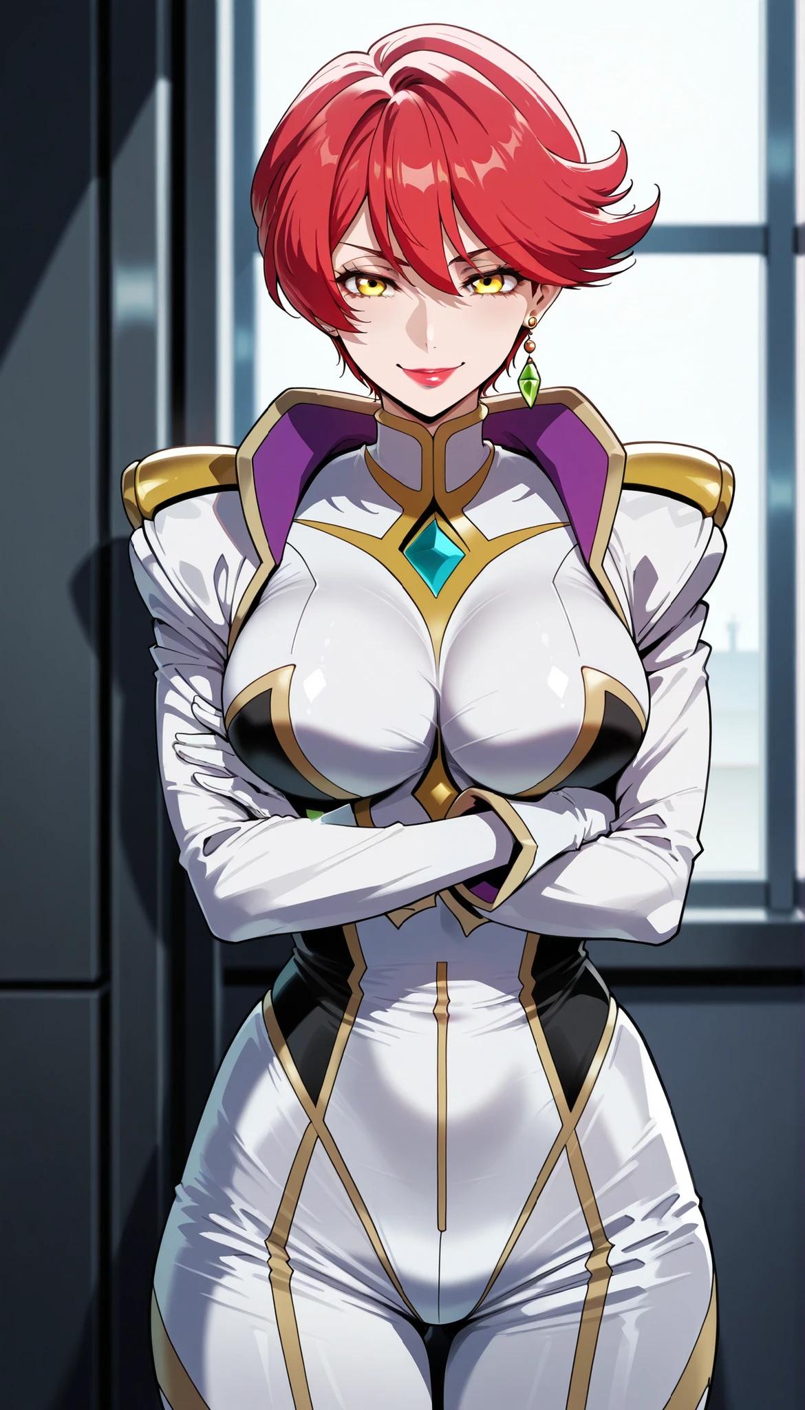 narah_pilotsuit,narah vaughn,1girl,solo,red hair, crossed arms,short hair,breasts ,yellow eyes,gloves,jewelry,earrings,lipstick,large breasts,mature female,MILF, standing , score_9, score_8_up, score_7_up, score_6_up, score_5_up, score_4_up , narah_pilotsuit,narah vaughn ,,,,,,, Floox style , smile , lipstick, red lips