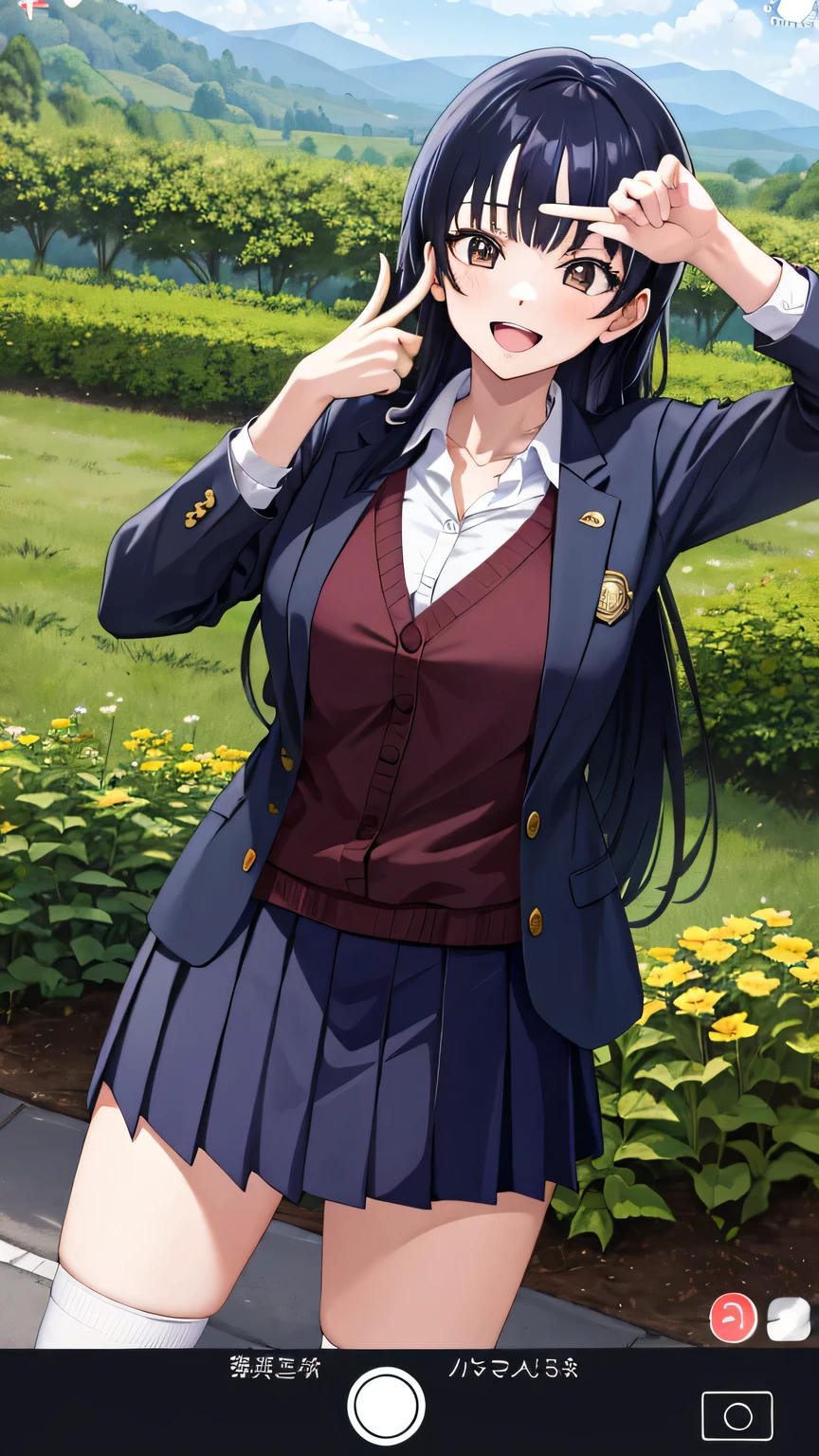 {{{masterpiece}}}, (best quality:1.5), (ultra-detailed:1.5), {illustration}, {{an extremely delicate and beautiful}}, (beautiful detailed eyes:1.6), absurdres, highres, extremely detailed face, 16k, hd, visual anime de uma jovem mulher, extremamente bonito rosto de anime, anime melhor garota, (perfect hands, perfect anatomy), anime face, Yamada Anna(Boku no Kokoro no Yabai Yatsu), aaanna, 1girl, solo, cute face, long hair, black hair, bangs, (brown eyes:1.4), flushed cheeks, tall woman, large breasts, big hips, curvaceous, BREAK, blue jacket, blazer, open jacket, long sleeves, collarbone, collared shirt,white shirt, (purple sweater:1.2), tuck out, pleated skirt, blue skirt, miniskirt, crew socks, black socks, white footwear, BREAK, phone screen, fake phone screenshot, open mouth, smiling, (finger frame:1.3), standing, outdoor, mountain, forest, flower garden, mysterious, from below, medium close-up shot