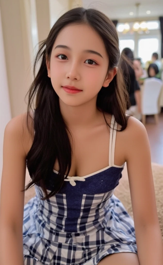 Create a realistic image of a Thai woman named Chae. She has very fair skin, full M-shaped lips, a smal narrow nose, and large blue eyes. Her eyebrows are slightly curved and perfectly complement the shape of her eyes. Chae is slim with a narrow face and long black hair. She has a rebellious and cheerful personality, and her figure is slender. Ensure she is looking directly into the camera.