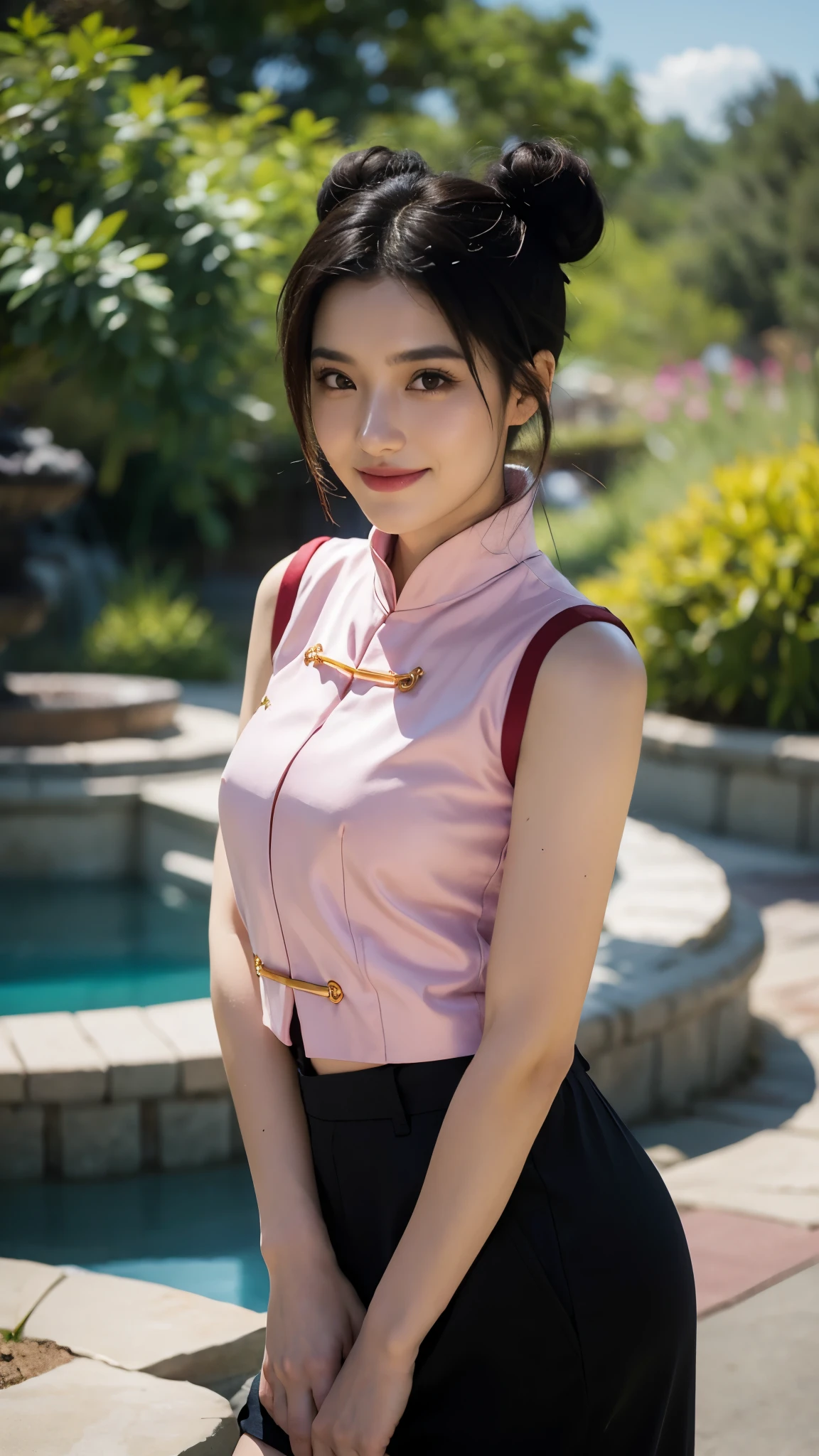 A stunningly beautiful realistic portrait of Tenten from Naruto Shippuden, reimagined as a real-life young woman. She has soft, radiant skin, expressive dark brown eyes, and long black hair styled into her signature twin buns with a few loose strands framing her face. She is smiling gently, exuding warmth and confidence. Her facial features are delicate yet strong, reflecting her inner strength and discipline. She's wearing a modernized version of her classic pink Chinese-style outfit, with subtle textures and embroidery, blending traditional and contemporary fashion. Background is soft-focus, natural daylight, perhaps a dojo or a serene outdoor garden. Hyper-realistic skin textures, detailed fabric, lifelike hair strands, cinematic lighting — ultra high resolution, photorealistic style