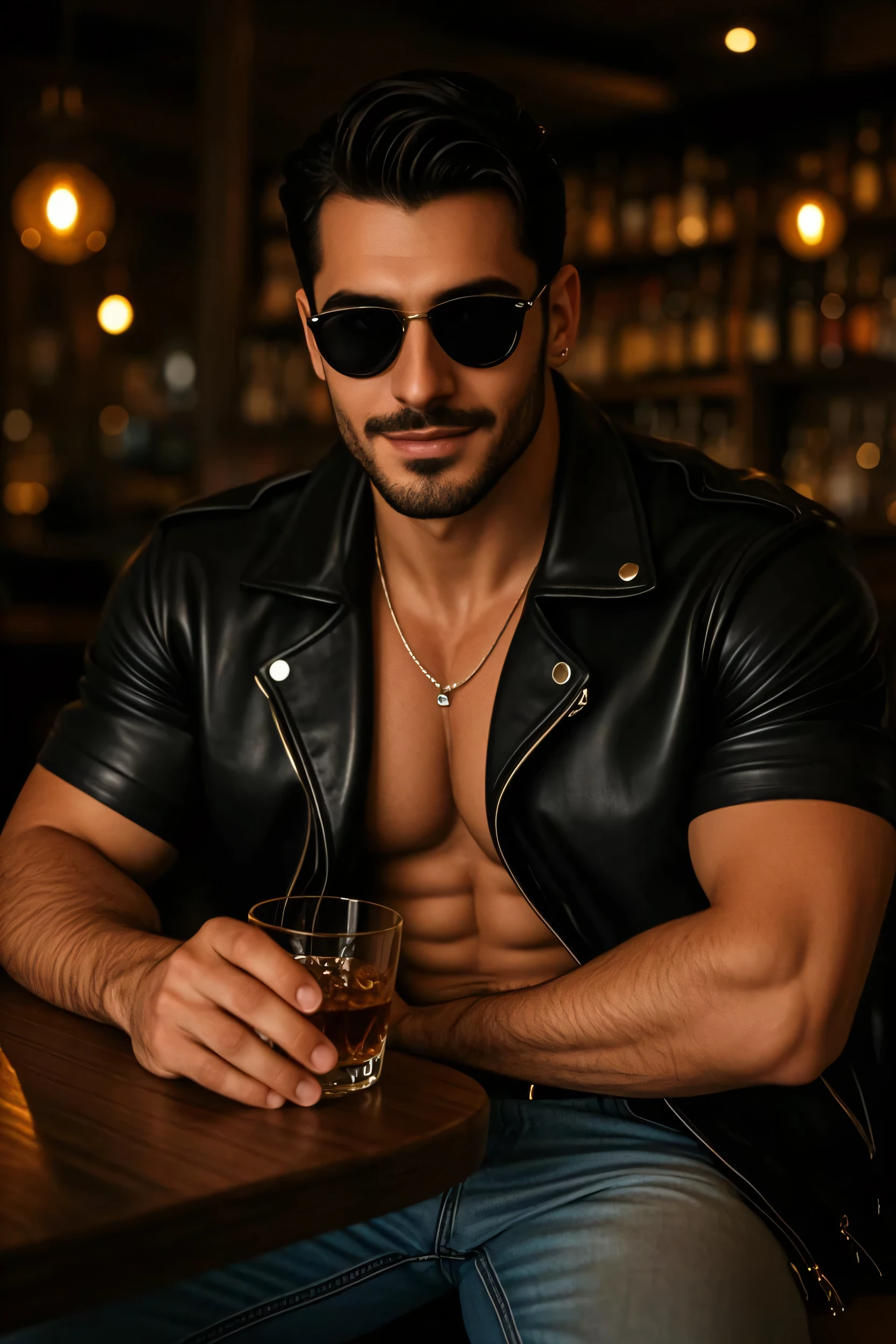 Digital art, anthropomorphic wolf, hookah bar scene, leather suit, cool attitude, puffs of smoke, medium shot, humorous, playful expressions, sunglasses, biker jacket, relaxed pose, lounge atmosphere, bright colours, fur fashion,smirk, relaxed mood, detailed fur