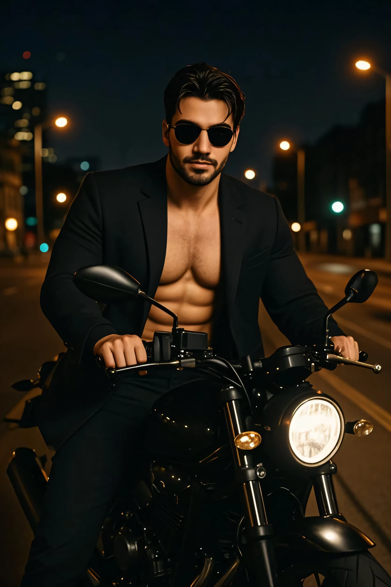 imagine a handsome man with thick white skin, slicked black hair, wearing a black leather jacket, white blouse, black pants and sneakers, with very black eyes, mounted on a motorcycle,average with a darker tone.