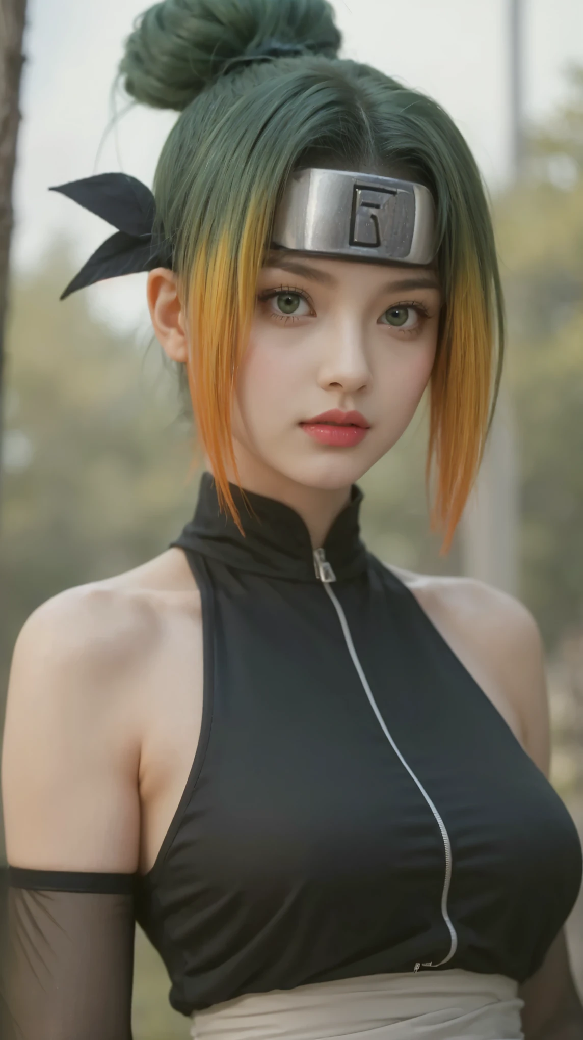 Masterpiece, 8K, Best Quality, Intricate Details, Ultra Details, Ultra High Resolution, (Makeup: 0.4), (Green Yellow Feathered Eyes: 1.21), ((Full Body)), ((Muscles: 1.1)), Standing, HDR, Ultra Detail, EF 24-70mm f/2.8L II USM, Best Quality, High Quality, 1 Girl, Japanese Girl, Cute, Beautiful, Charming, super long hair, straight long hair, spiky/thorny hair ends, thin lips, red lips, shiny lips, (Big Breasts), 20 years old, 1 girl with green hair and a black and yellow top in the front, realistic, hyper-realistic, real-life girl, photorealistic. 8k, realistic girl, realism style, girl cosplay, realistic art style