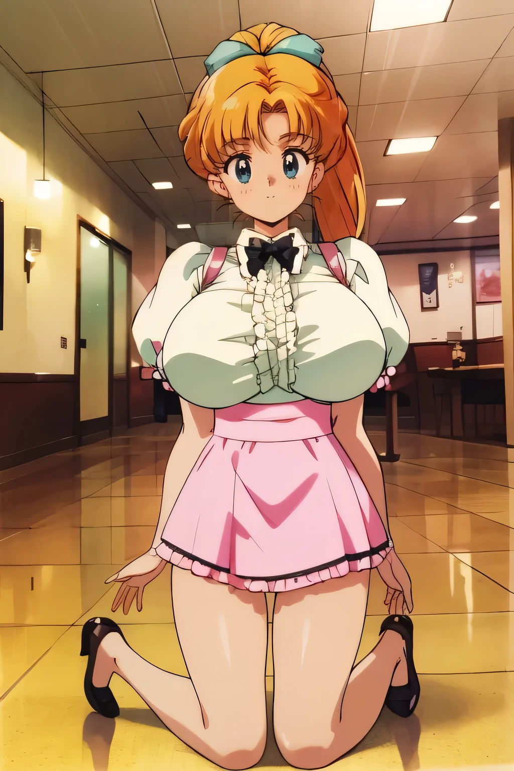 ((masterpiece, best quality)), (extremely detailed, perfect anatomy), orange hair, pony tail, ((huge breasts)), covered erect nipples, thick thighs, waitresses, puffy sleeves, frilled shirt, pink miniskirt, smile, (Family restaurant), indoor, daytime, animated painting, anime colored, (glossy texture), (high contrast), ((gleaming skin, glistening skin), oiled skin, shiny skin), super detailed skin, wet skin, 4K, Hard light, highres, (1girl, solo), (full body shot),