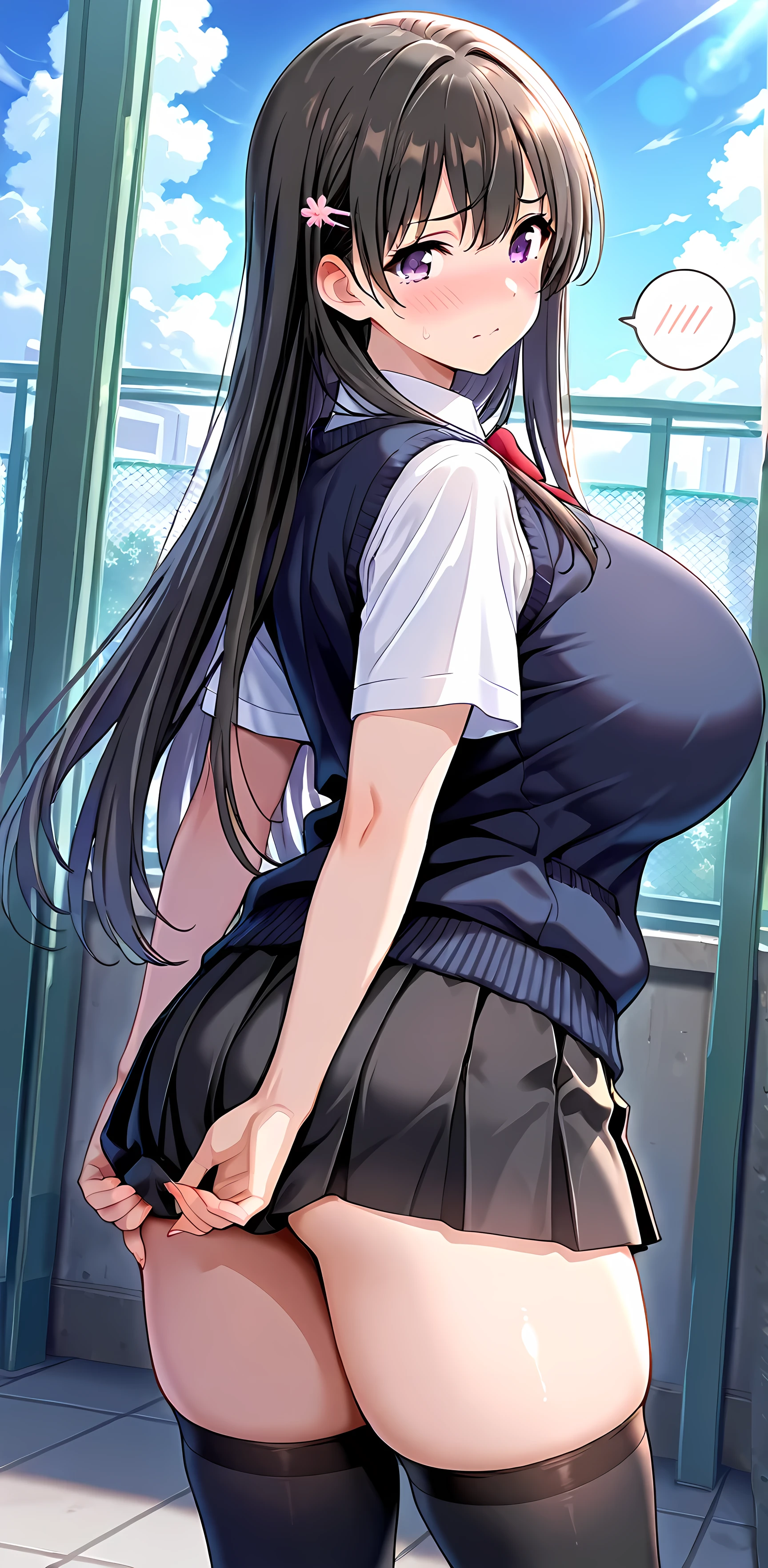 masterpiece,high definition,Highest Quality,8k,((Highest Quality)), (masterpiece)), (details: 1.4), high definition, (masterpiece: 1.4), 超details, solo girl, black hair、long hair, purple eyes in gla, school uniform, short sleeve shirt, navy Sweater Vest, Black Skirt, black high socks、pink hairpin、ties、has red cheeks, embarrassing, anguish、Sweatskin、gigantic breasts, Thighs、plump body、plump body、and bend your lower back、cowboy shot、Dutch Angle、school rooftop、standing、spoken blush