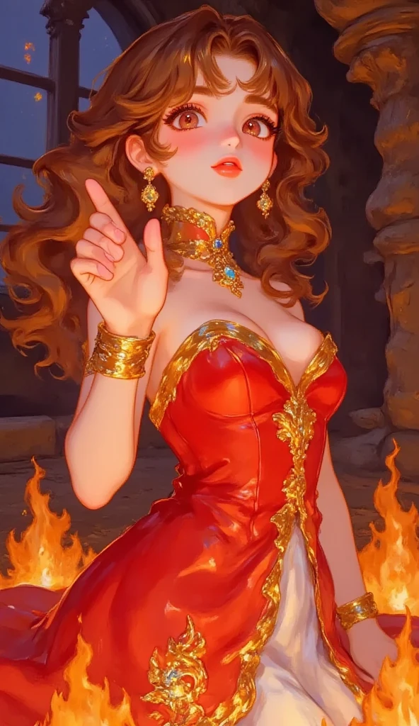 8K, ultra-high detail, Ultra-high resolution, fire flowers in the background, frontal view, handsome girl, sorceress, red off shoulder wizard dress, gold patterns and red skirt, Bare feet brought together, bare shoulders, detailized face, Detailed body, brown eye, sexy cleavage, redhead hair, Bob hairstyle, red-lips, dark eyeshadow, long eyelashes, Flies, floats in the air, Hanging in the air, Soars above the ground, Fire sorceress, Fire Mage, hande, burns with a red flame, Spread out to the sides., red bracelet on the wrist, Full-length, Sexy looking at the camera, Very sexy, Sexy girl, sexy face, big breasts, teats, Nipples covered with clothes, very angry, blusher