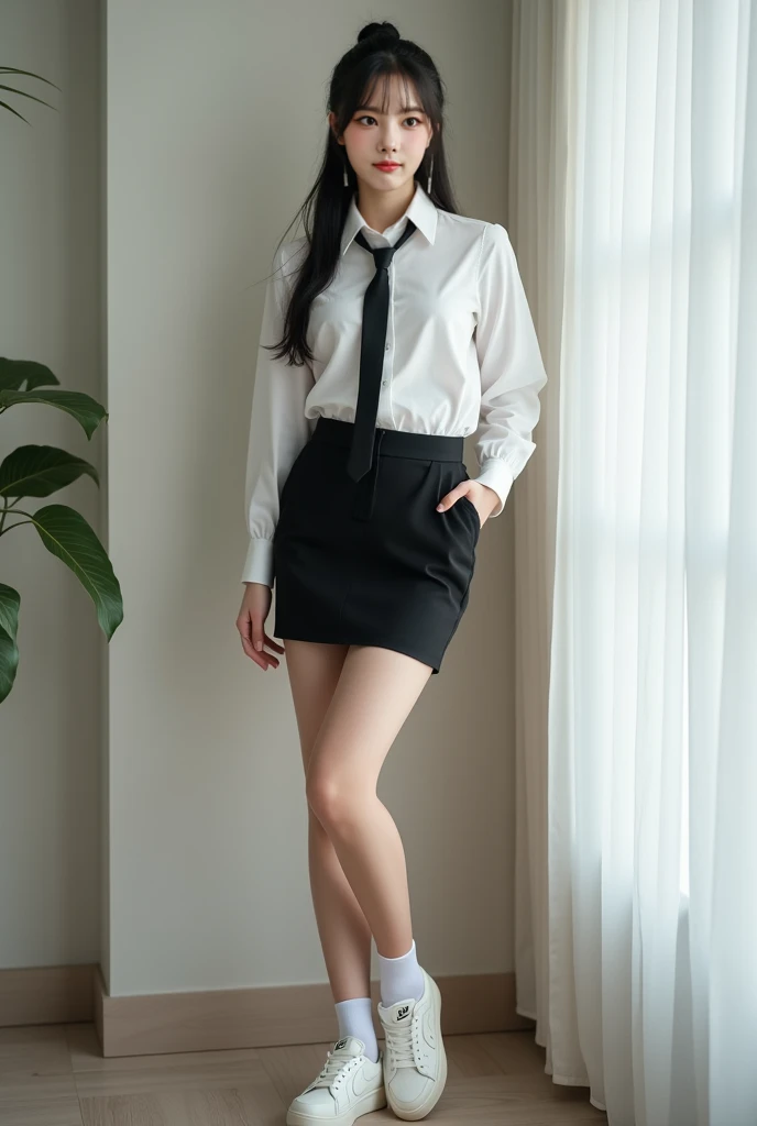 ((masterpiece, top quality, 8k, RAW photo, realistic, ultra highly detailed)), 1 girl, (japanese face:1.4), 20 years old, big smile:1.4, perfect cute face:1.4, symmetrical face, perfect body:1.4, black hair, lower ponytail:1.4, side swept bangs:1.3, natural makeup, double eyelid, (full body shot, polite standing:1.4, beautiful legs:1.3), ((white short sleeve blouse, tight mini skirt, black heels)), (in interview room:1.5)