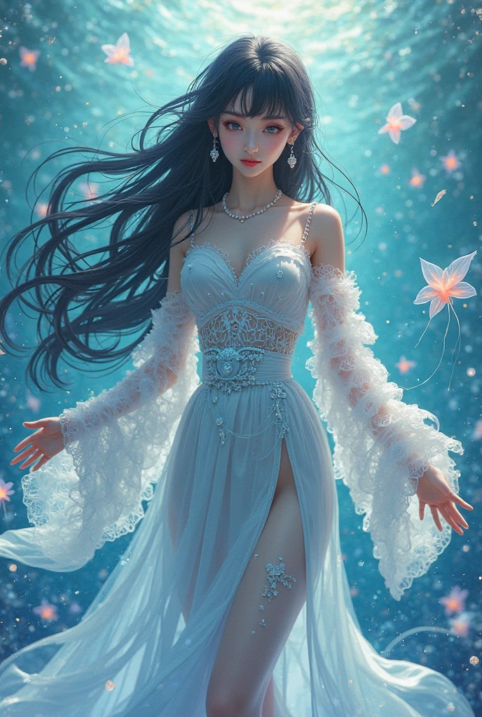 Fluorescent color、1 girl、Look to the side、Beautiful Face、Beautiful Eyes、(Off the shoulder:1.2)、Upper Body、Shiny Hair、Glowing Skin、Reduce glare、The proportions of the fingers have been adjusted、Tenebrosa、Dynamic Angle、((((Master part)))、(((Best Quality)))、((Ultra Detari))、(An illustration)、(Detailed light)、((Very delicate and beautiful))、Dramatic_shade、Lightning strike_tracing、reflection、 Ultra-high resolution、(Girl walking in a flower field)、(The wind blows and the skirt flies up),(Sparkling colorful rose petals are dancing)、bright green eyes、 Black-haired woman、point of light々and shine、Woman in a place filled with sparkling butterflies、 Black-haired woman、女性の周りのpoint of light、Magical Aura、(Big blue eyes)、Supernatural Aura、超Magical AuraBlack-haired woman