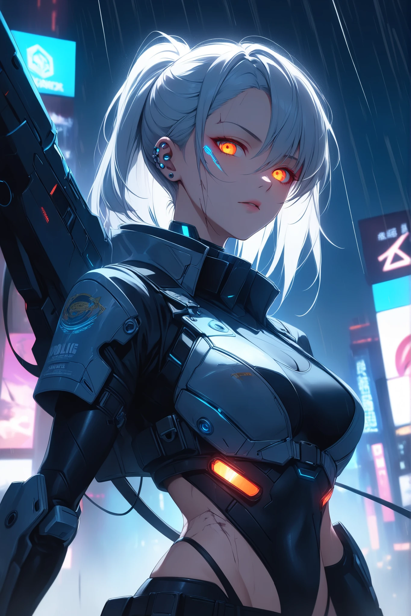 ((masterpiece)), ((extreme quality)), ((RAW 4K)), ((realistic rendering)), ((perfect composition)), ((highly detailed)), ((volumetric lighting)), ((textile shading)), ((cinematic lighting)), ((gritty and moody)), ((neon glow city lights)), ((soft directional light)), ((great effect to highlight the subject))
A battle-hardened female cybernetic bounty hunter in her early thirties — intimidating, calm, and built for survival. Short dark hair swept back with a cybernetic implant along the right temple. One eye is a glowing red targeting lens; the other is a piercing human eye, cold and analytical. Her face is scarred but beautiful — strong cheekbones, angular features, a thin, healed gash across her jawline.
She wears a matte black tactical jacket with reinforced armor pads and integrated circuitry that glows subtly in blue. Her left arm is a visible mechanical prosthetic, complex and dangerous-looking, with built-in tools and concealed weaponry. A sleek plasma pistol is holstered at her hip. Her gloves are rugged, and her posture is alert, slightly turned with arms tensed — like she's tracking someone.
Silver studs in her ears, a low-tech radio receiver on her collar, and a blinking ID tag around her neck complete her hardened look. A thin holographic HUD floats beside her head, marking a target.
Set on a rain-soaked rooftop under a dark cyberpunk night sky. Neon signage reflects off puddles and her armor. Background shows flying vehicles, flickering billboards, and a blurry police drone sweeping past in the haze. A digital wanted poster is barely visible behind her.
**Camera angle: waist-up shot, eye-level, slightly dramatic cinematic composition. Rim lighting in red and cyan highlights her silhouette, while soft white light from the front reveals fine details of her face, scars, and gear.**