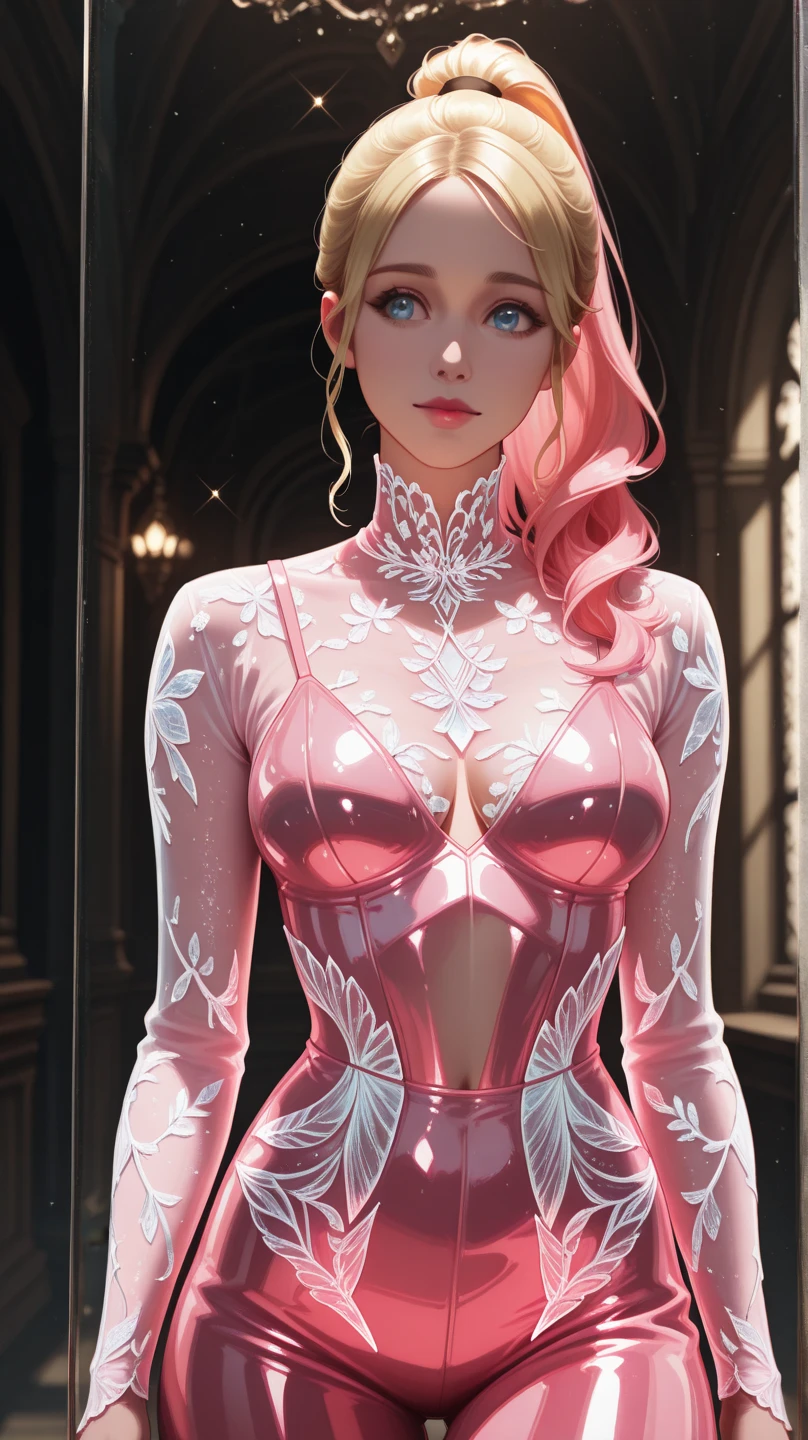 A realistic rendering of an Anne Anderson style illustration of a very close shot, ultra close shot on the breasts of a pert, nubile, thin, freckled girl with 50s style, platinum blonde hair, bows in hair, slight smile, topless, best quality, tiny breasts, bare breasts, small breasts, bare crotch, exposed crotch, open legs, legs spread open, pink nipples , puffy nipples , exposed nipples , wearing a clear, pink, plastic body armor, clear pink plastic armor, clear, pink, plastic body harness, clear, pink, plastic body cage, pink bondage straps, black, spiked choker necklace, black leather jacket, a silver chain wrapped around body, open, white blouse, white lace collar, pastel lace, pastel lace straps under nipples, pastel lace straps under breasts, open light blue, fuzzy sweater, undressing,
uniform, partially clothed, sitting in a bondage harness swing, in a darkened, pink, neon lit, 1950s teenl's bedroom, glowing pink, neon lights, full of bondage straps,, ultra close shot on breasts, very, very close shot on breasts