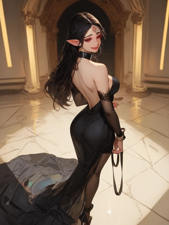 ((aeolian)), ung girl, beautiful face with green eyes, Princess, ((naked)), long black hair that reaches to the ground, slim body, shiny skin, bare feet, full body view, wearing lots of jewelry, long legs, slim body, leaning over balcony, view from behind, looking over shoulder, spread butt cheeks