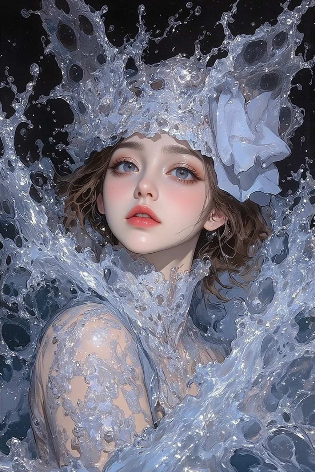 Paintings inspired by Kubrick movies,Movie stills, 黒い背景に water splashes と女性のクローズアップ,clear water, water splashes ,naive art ,Detailed Gouache Paintings  ,  perfect water expression  , Gouache Illustration  ,  gouache on canvas ,anatomically accurate ,   Highly Detailed Trending Video Art  ,Keyframes,  digital collage  ,     , Rendering of a beauty festival,   elegant female digital art  