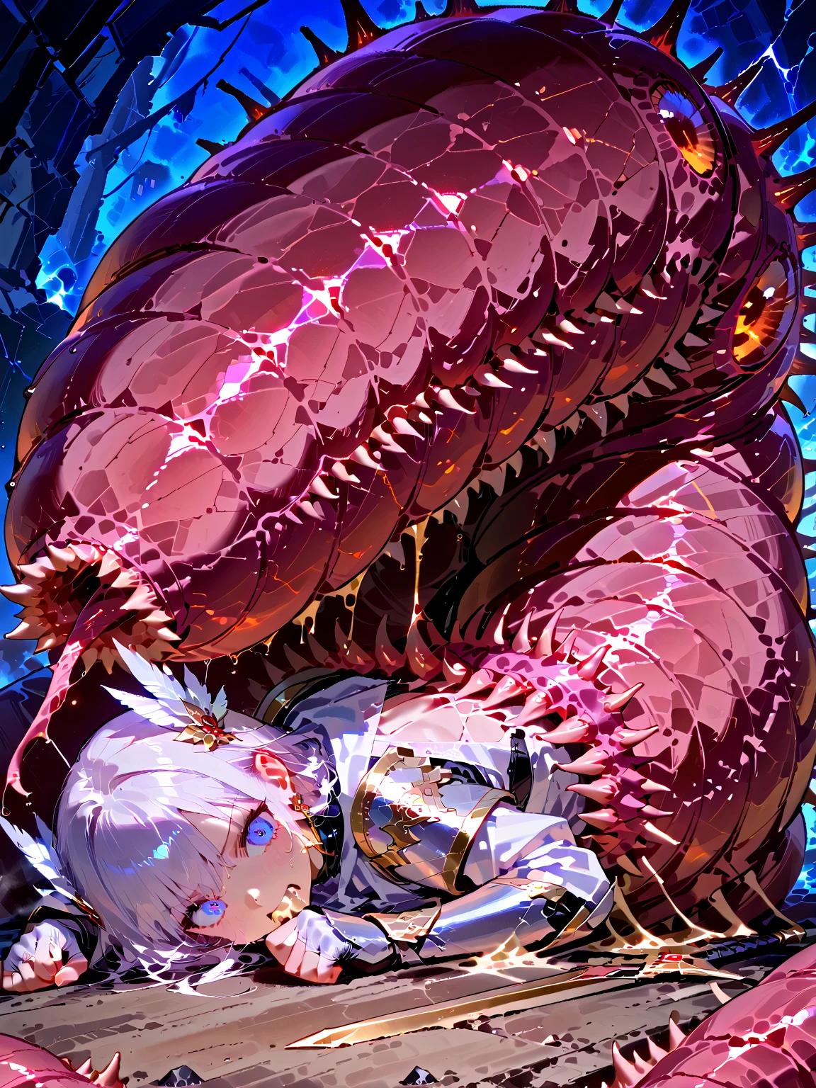 Takashi Takeuchi style, ((1girl:1.4)), (solo:1.4), (wantun-tentacles,tentacles,tentacle sex:1), big tentacle, giant tentacle, (his trunk is a huge tentacle:1.5), (big tentacle sneak around:1.5), (giant coiling snake machine:1.5), (tentacle is surrounding them:1.5), BREAK, arcueid \(tsukihime\), archetype earth \(hime\), (tightly restrained:1.6)bare shoulders, blush, breasts, cleavage, detached collar, detached sleeves, two-tone strapless sleeveless hime white dress, field, flower, flower field, full moon, gloves, large breasts, looking at viewer, moon, night, night sky, petals, sky, annoyed, solo, white gloves, (standing:1.4), fullbody, white panties