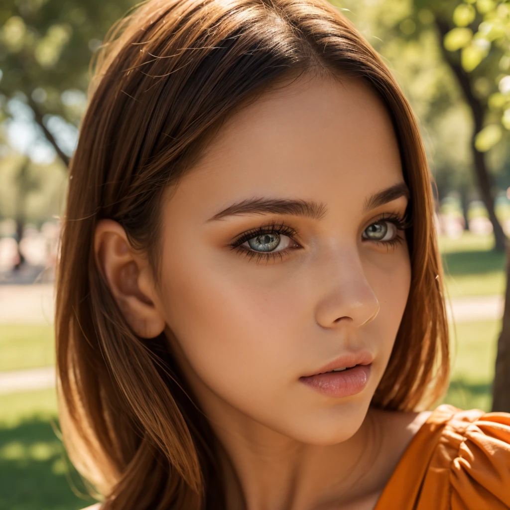 woman,  in the park, Sunny Day , Orange dress , raw,  UHD, 8k, ( close up:1.1), head, high-profile face,  beautiful eyes 
