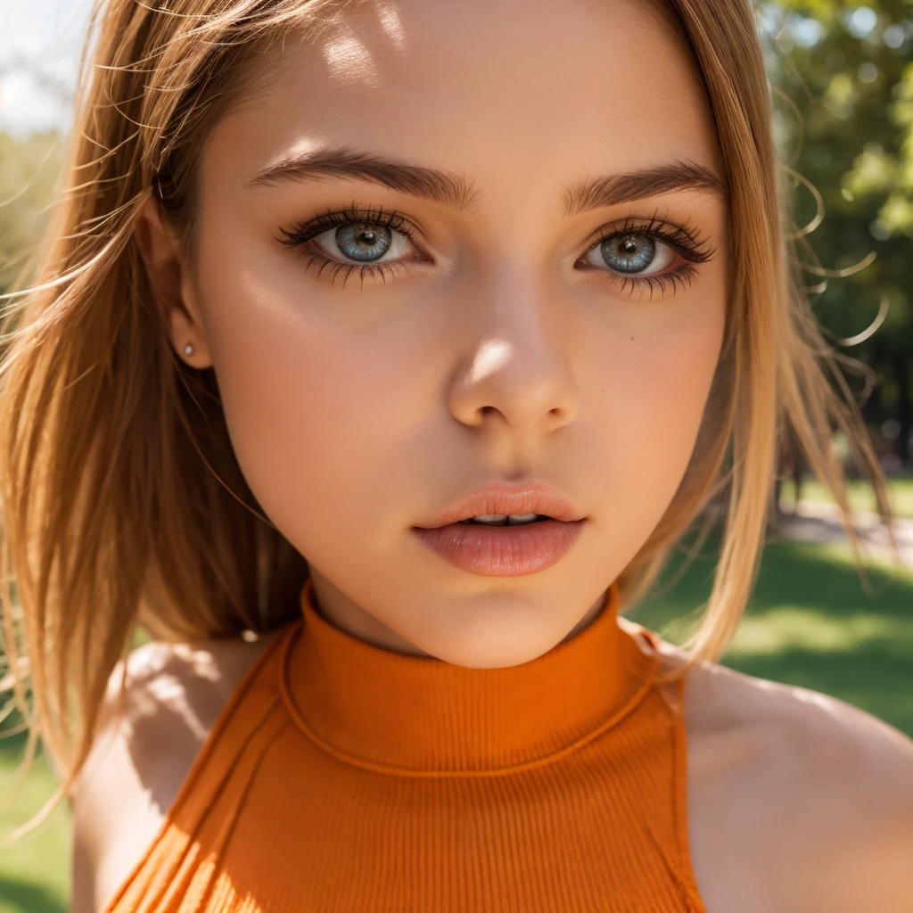 woman,  in the park, Sunny Day , Orange dress , raw,  UHD, 8k, ( close up:1.1), head, high-profile face,  beautiful eyes 