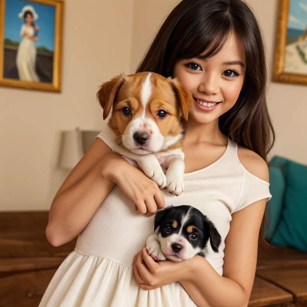  Cute Little Puppy .  Beautiful Puppy Dog . Cute puppy. Portrait of a woman wearing a white dress ,  Holding Books With Delicate Hands ,  represent beauty and strength . Oil painting of indigenous women in cartoon style, with beautiful eyes,  Fast and colorful brushstrokes .  Cute Little Puppy .  Beautiful Puppy Dog . ผลงานชิ้นเอกของ Cute Little Puppy ,  With Red And White Fur .  Italian Girl Posing , detailed face, ผมสีดำ, strong body,  wearing a red cotton shirt and jeans . Soft hair, smiling happily, Cute Italian .