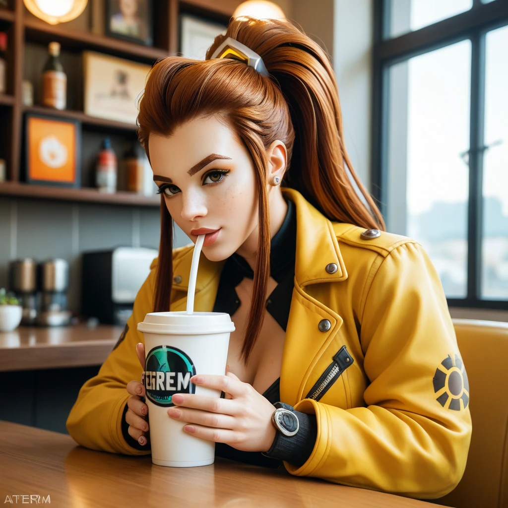 Woman wearing a yellow jacket holding a cup of coffee, extremely detailed Artgerm, Cartoon girl drinking energy drink, Senna from League of Legends, lovely Brigitte from Overwatch, Brigitte from Overwatch, ruan jia and Artgerm, trending Artgerm,  Faye Valentine , like Artgerm, range murata and Artgerm,  IG Model  | Artgerm