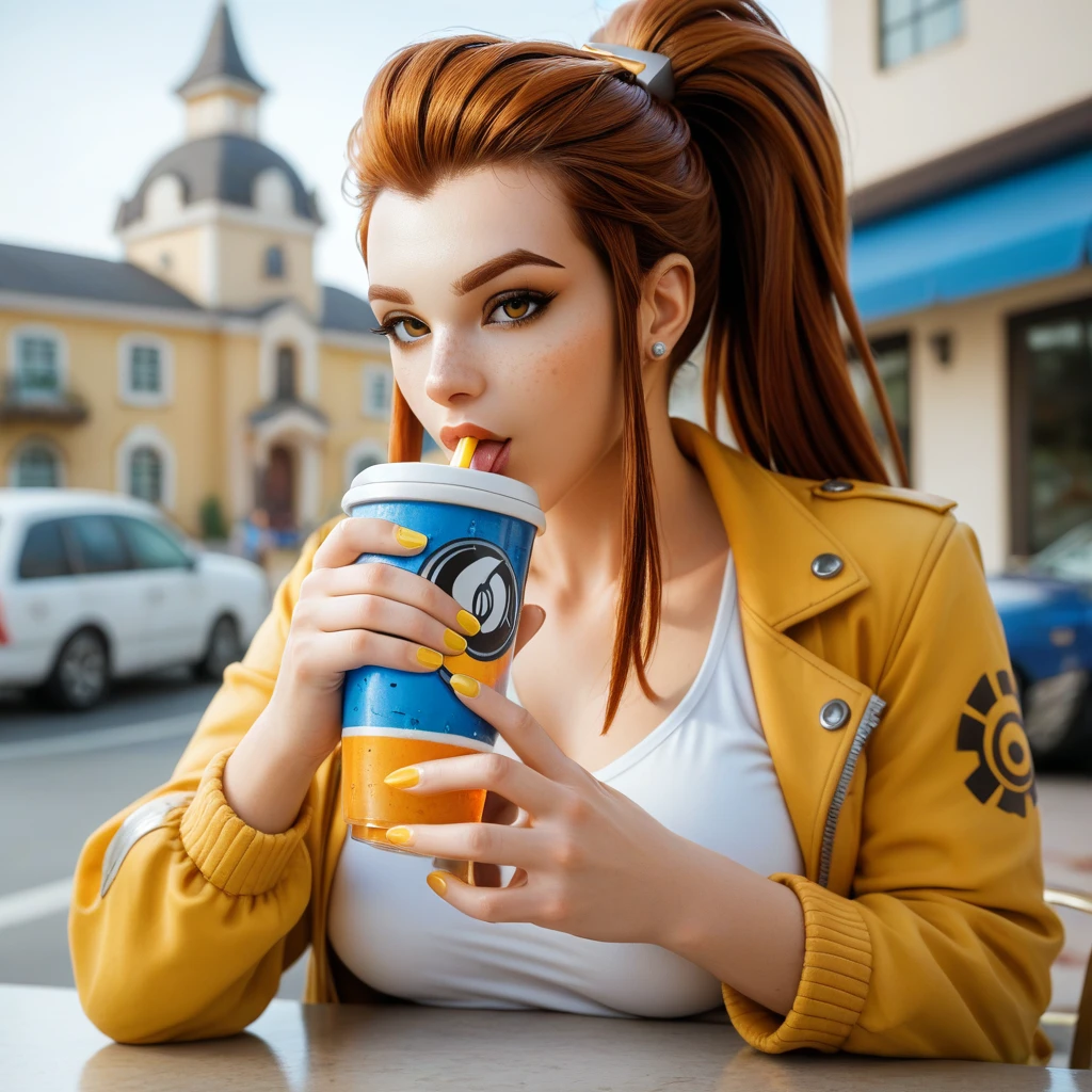 Woman wearing a yellow jacket holding a cup of coffee, extremely detailed Artgerm, Cartoon girl drinking energy drink, Senna from League of Legends, lovely Brigitte from Overwatch, Brigitte from Overwatch, ruan jia and Artgerm, trending Artgerm,  Faye Valentine , like Artgerm, range murata and Artgerm,  IG Model  | Artgerm