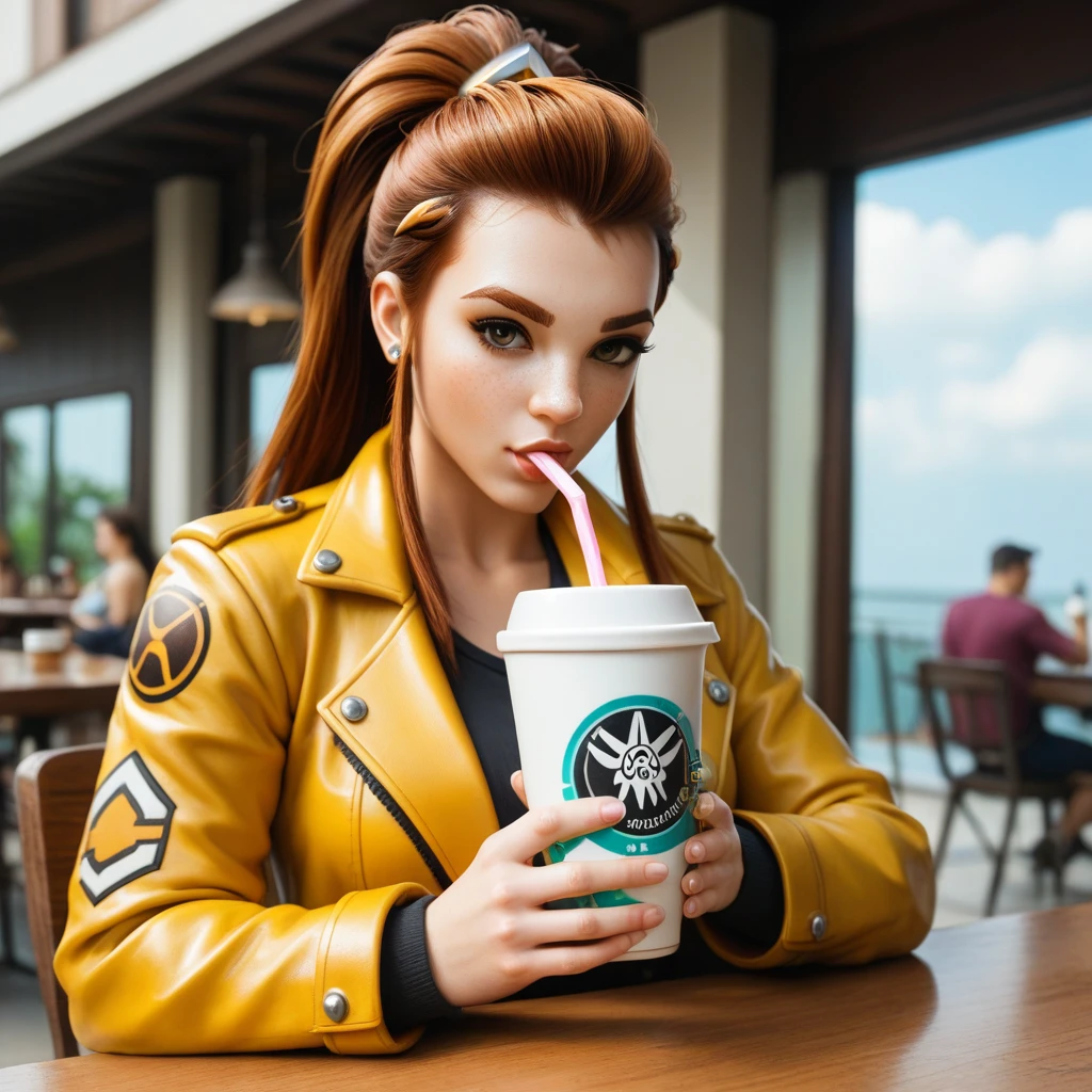 Woman wearing a yellow jacket holding a cup of coffee, extremely detailed Artgerm, Cartoon girl drinking energy drink, Senna from League of Legends, lovely Brigitte from Overwatch, Brigitte from Overwatch, ruan jia and Artgerm, trending Artgerm,  Faye Valentine , like Artgerm, range murata and Artgerm,  IG Model  | Artgerm